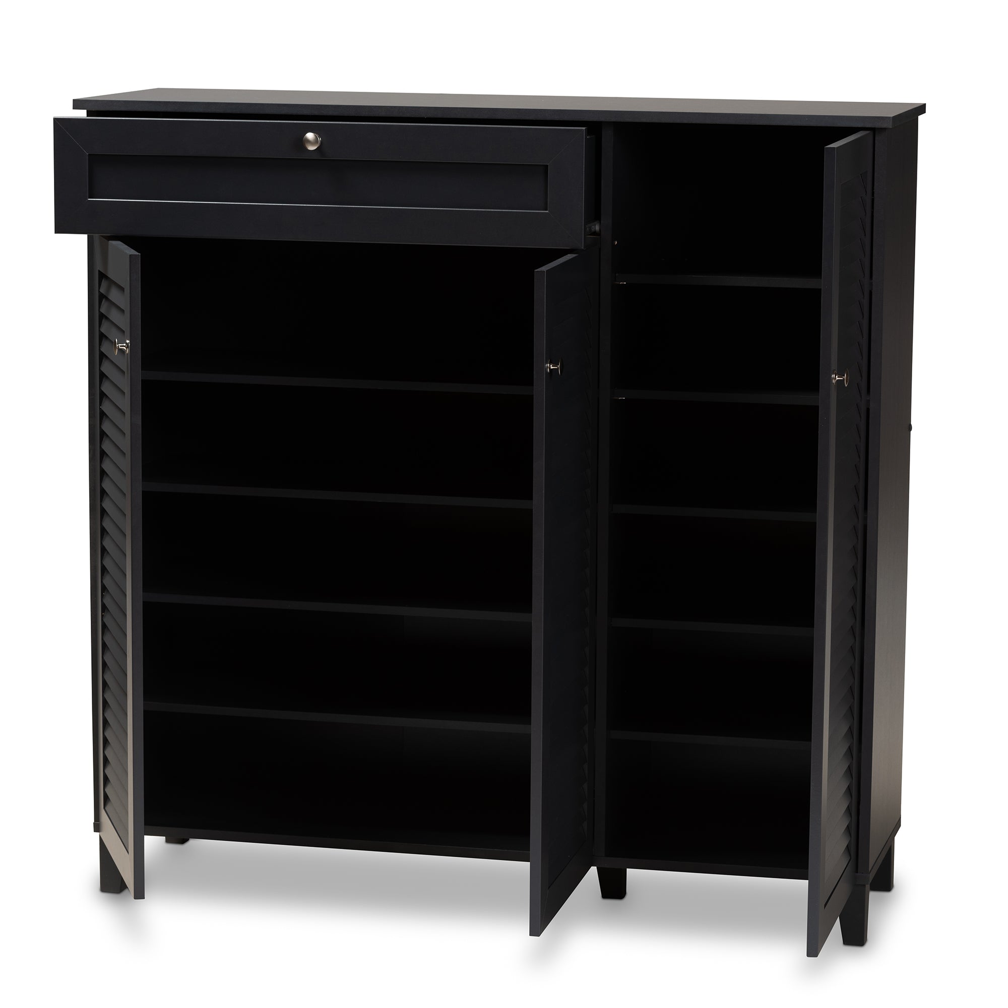 Baxton Studio Coolidge Modern and Contemporary Dark Grey Finished 11-Shelf Wood Shoe Storage Cabinet with Drawer