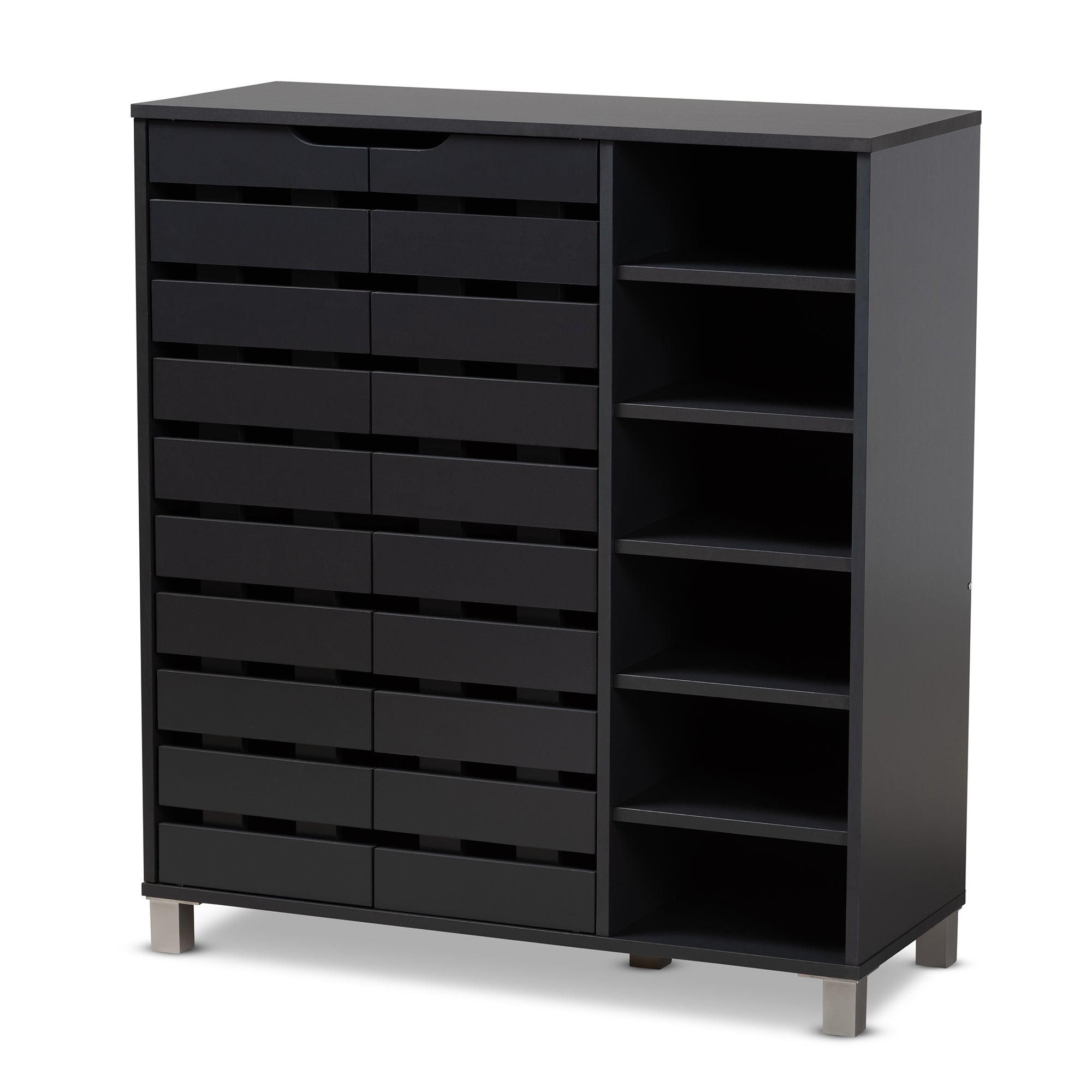 Shirley Modern and Contemporary Dark Grey Finished 2-Door Wood Shoe Storage Cabinet with Open Shelves