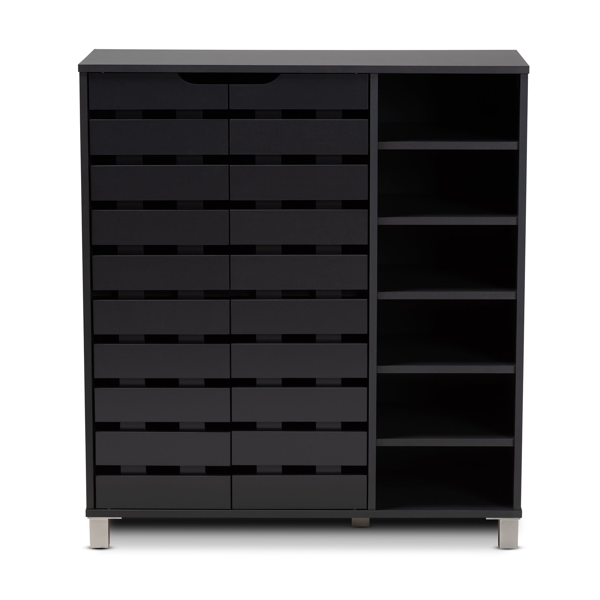 Shirley Modern and Contemporary Dark Grey Finished 2-Door Wood Shoe Storage Cabinet with Open Shelves