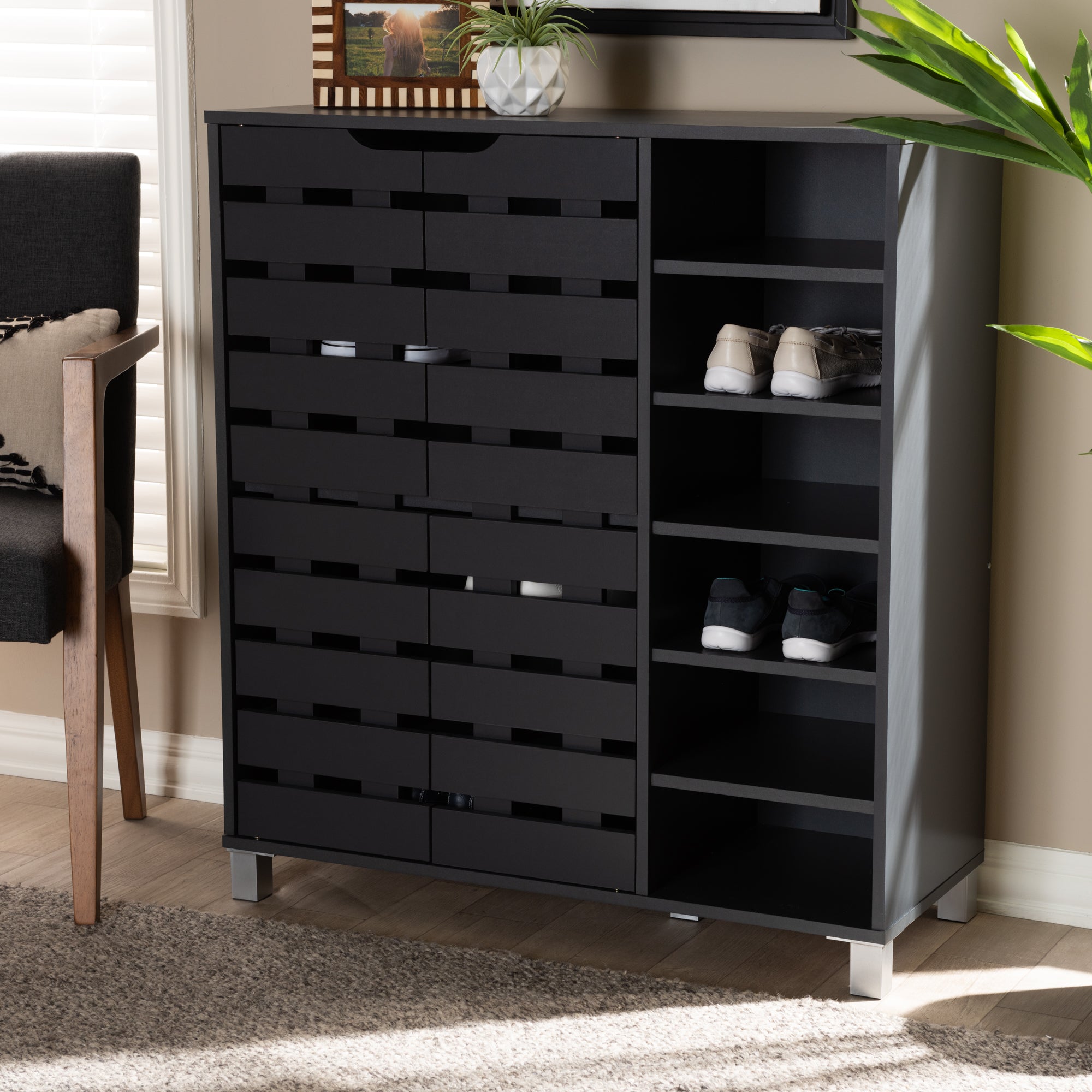 Shirley Modern and Contemporary Dark Grey Finished 2-Door Wood Shoe Storage Cabinet with Open Shelves