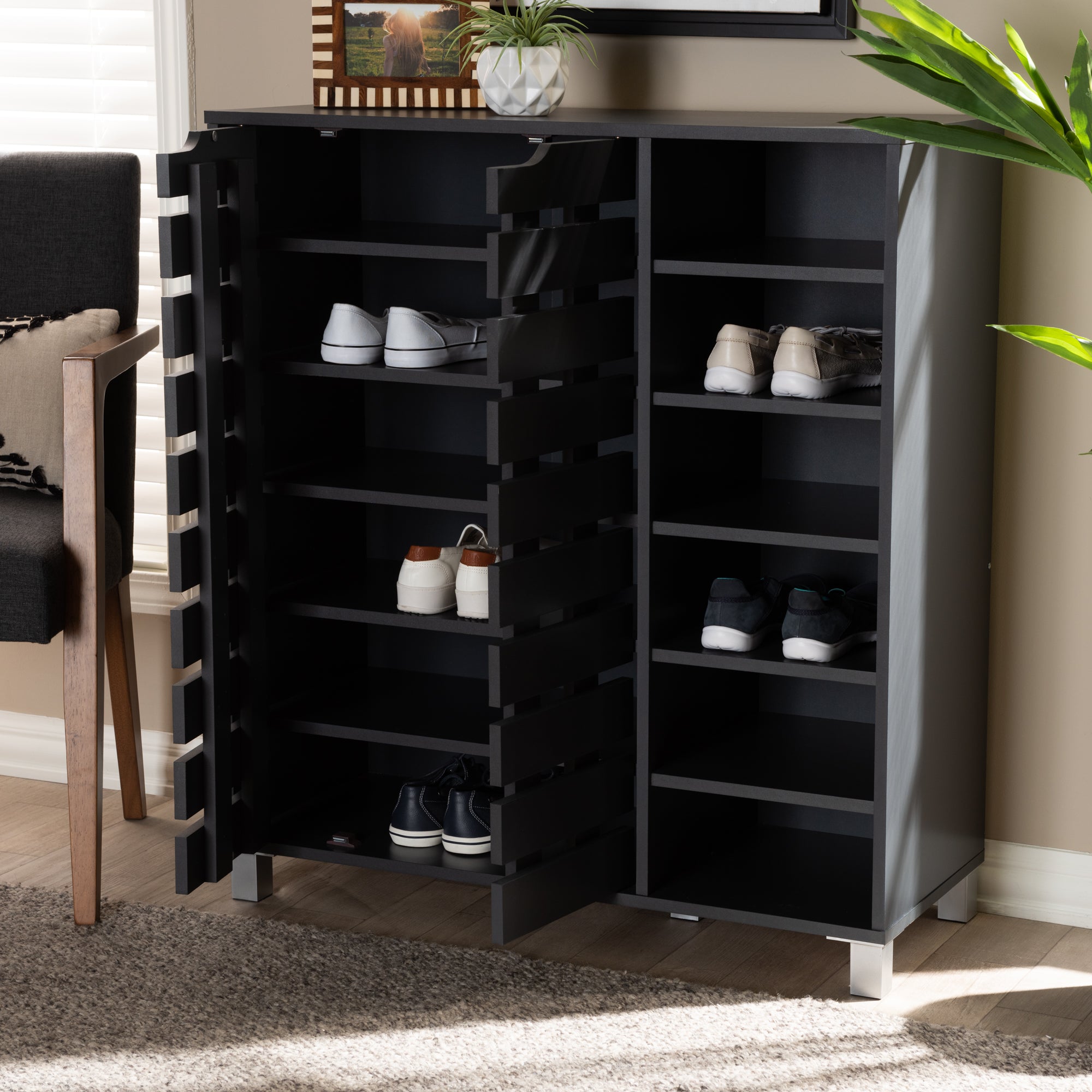 Shirley Modern and Contemporary Dark Grey Finished 2-Door Wood Shoe Storage Cabinet with Open Shelves