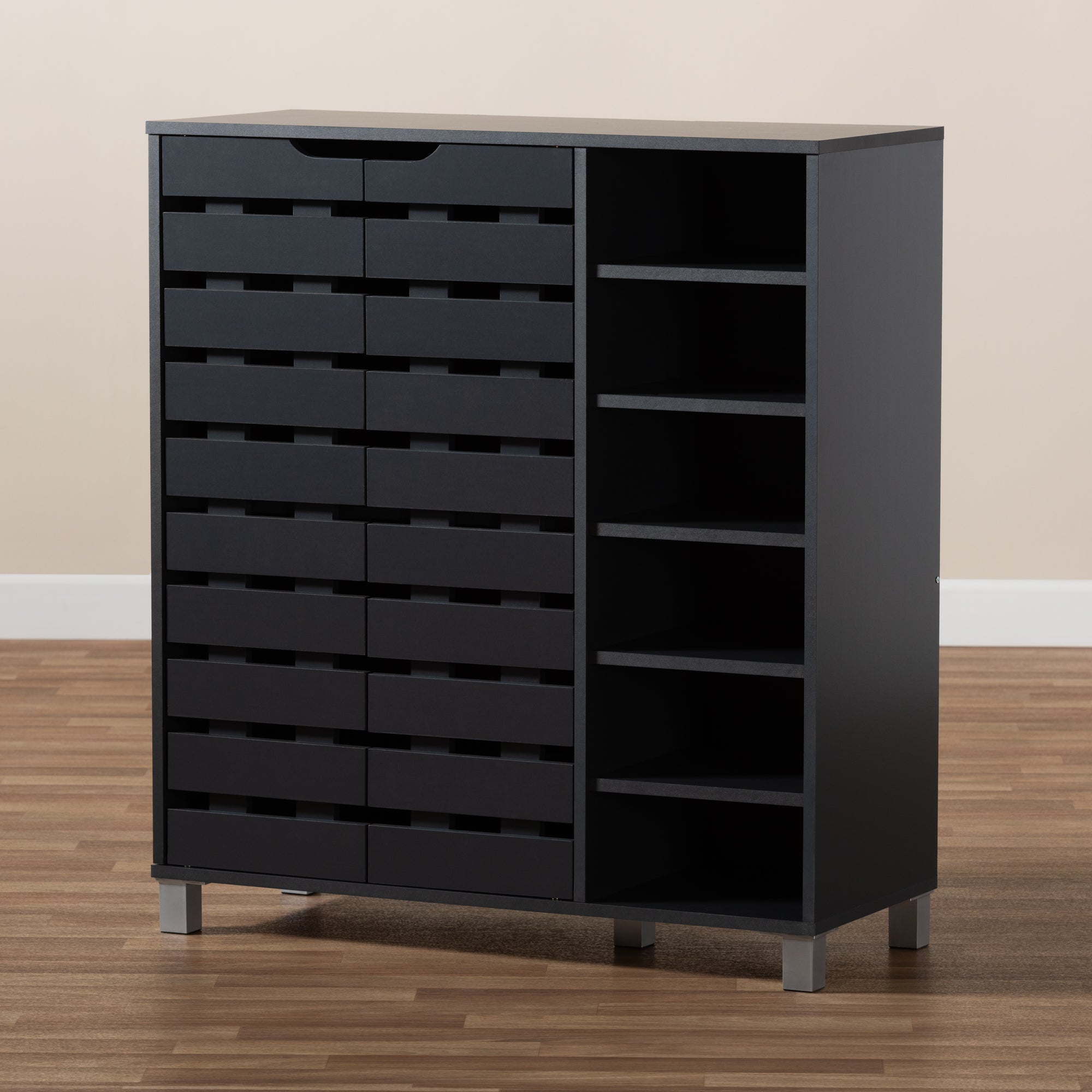 Shirley Modern and Contemporary Dark Grey Finished 2-Door Wood Shoe Storage Cabinet with Open Shelves