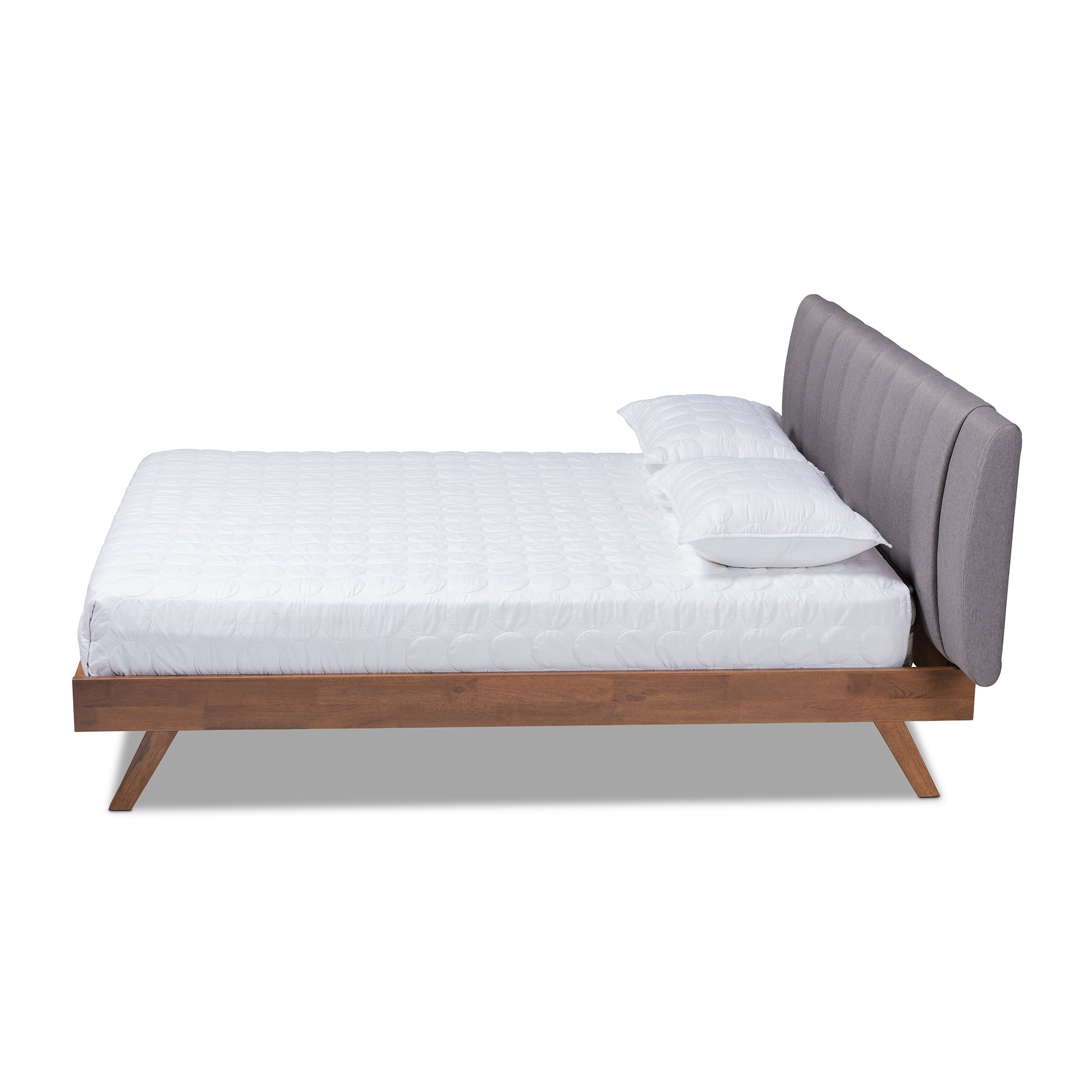 Brita Mid-Century Modern Grey Fabric Upholstered Walnut Finished Wood King Size Bed