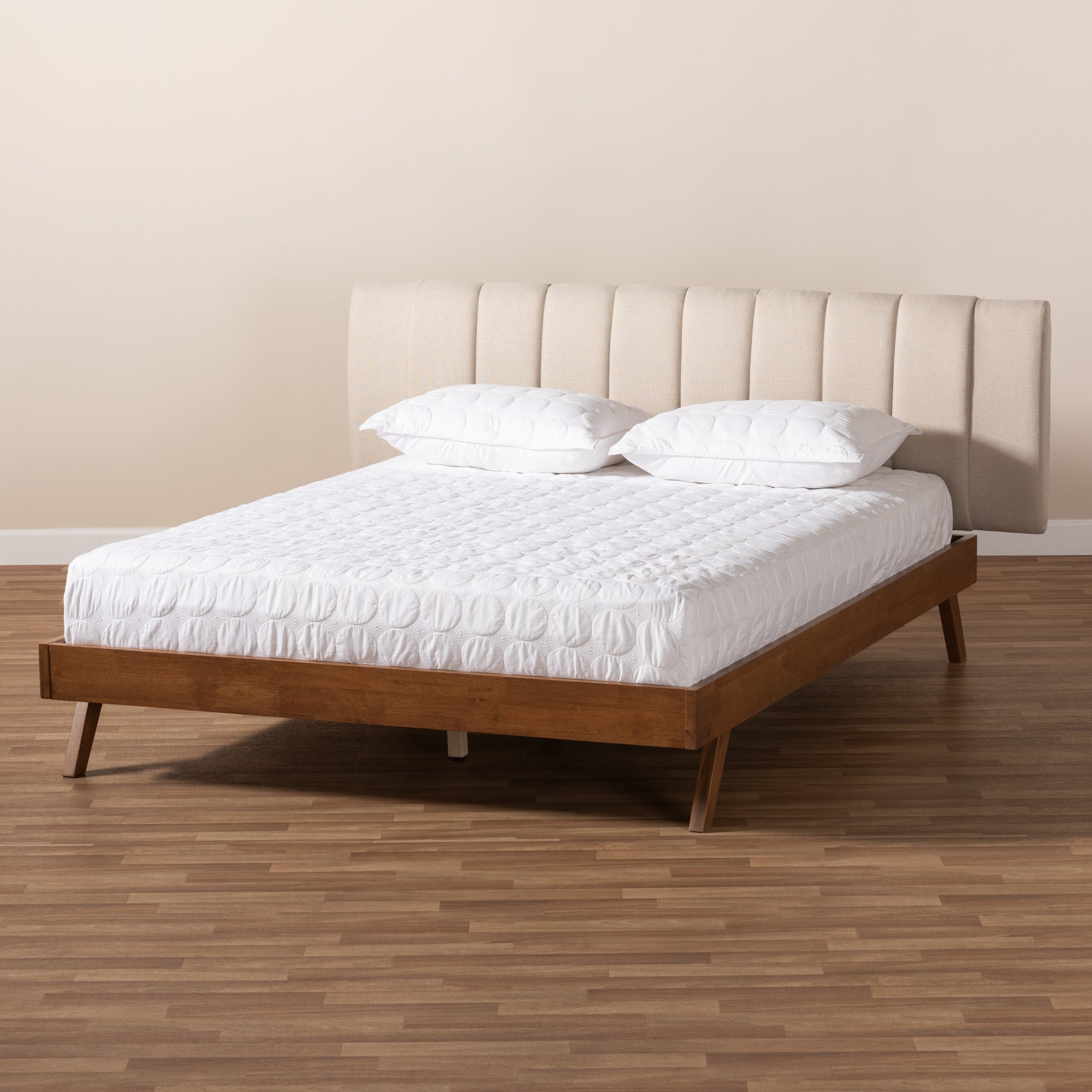Brita Light Beige Fabric Upholstered Walnut Finished Wood King Size Bed