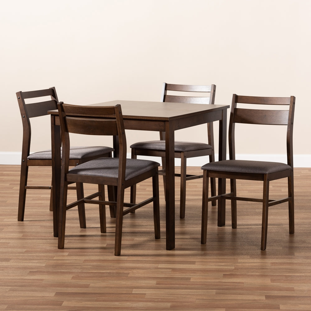Lovy Modern and Contemporary Grey Fabric Upholstered Dark Walnut-Finished 5-Piece Wood Dining Set