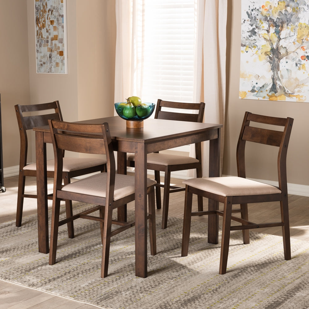 Lovy Modern and Contemporary Beige Fabric Upholstered Dark Walnut-Finished 5-Piece Wood Dining Set
