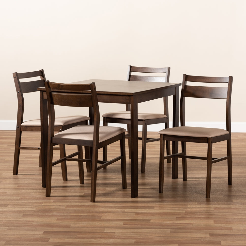Lovy Modern and Contemporary Beige Fabric Upholstered Dark Walnut-Finished 5-Piece Wood Dining Set