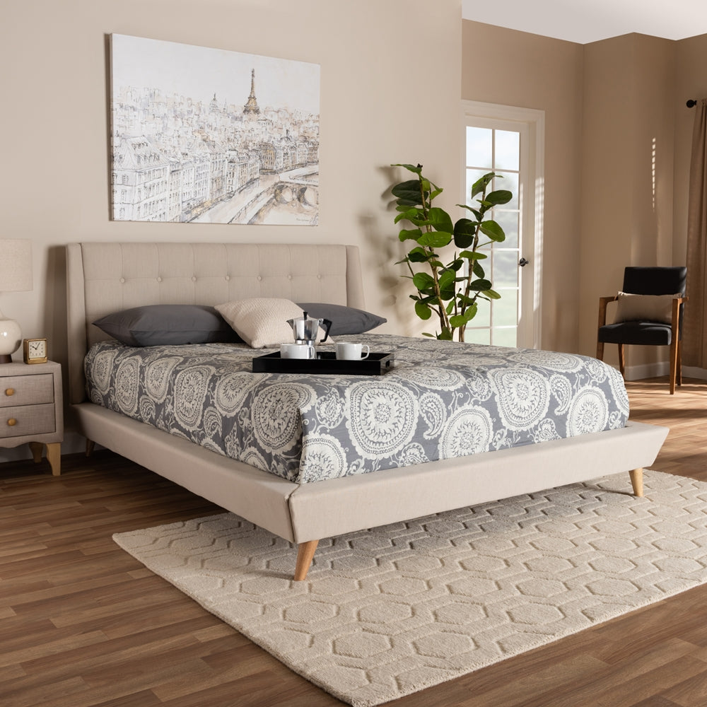 Naya Beige Fabric Upholstered King Size Wingback Platform Bed