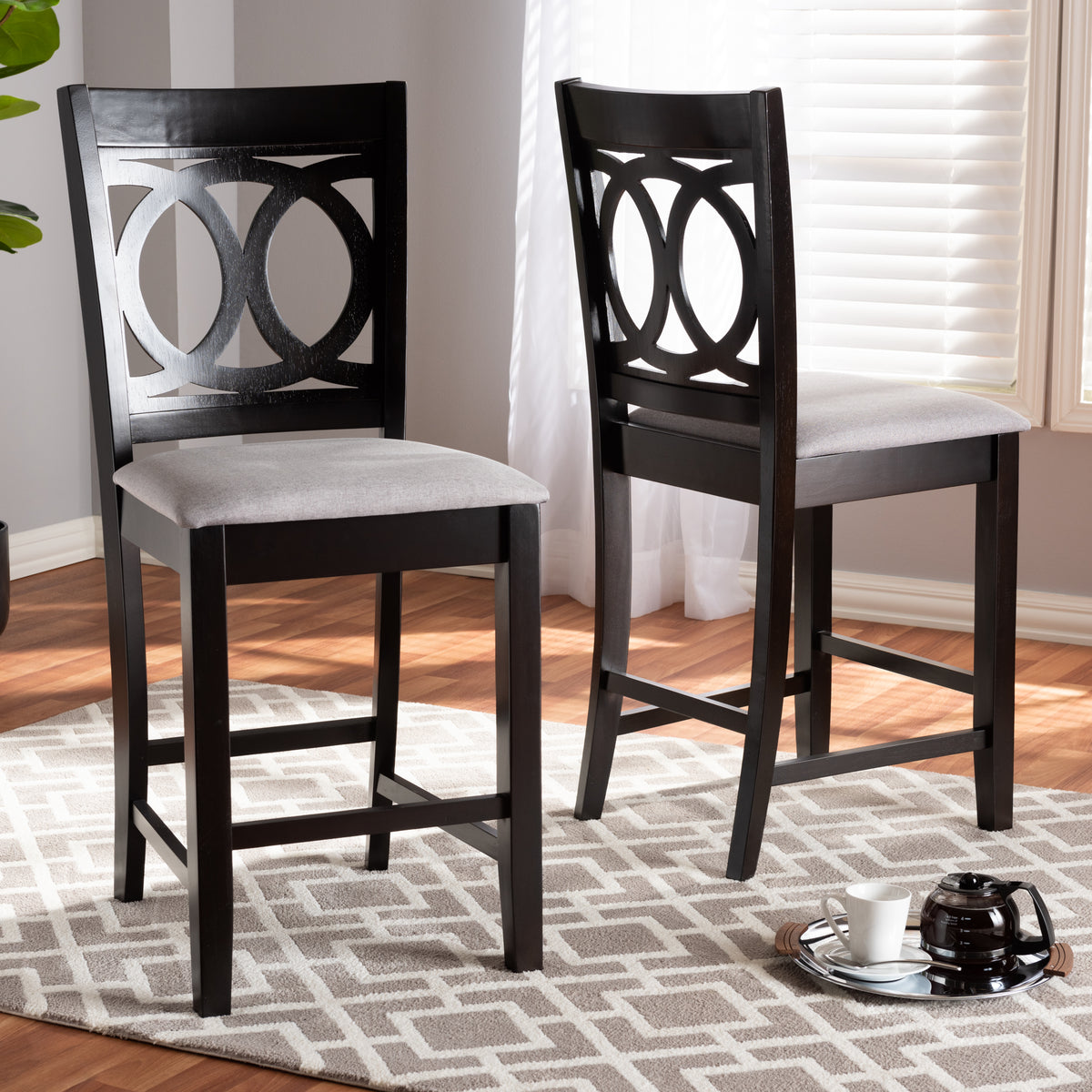 Lenoir Modern and Contemporary Gray Fabric Upholstered Espresso Brown Finished Wood Counter Height Pub Chair Set of 2