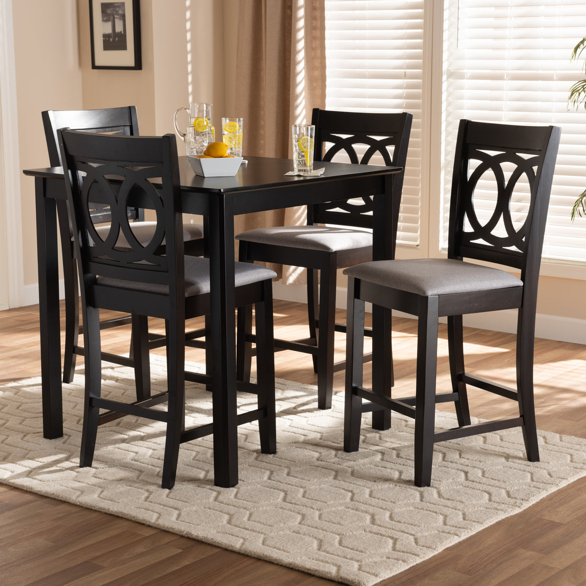 Lenoir Modern and Contemporary Grey Fabric Upholstered Espresso Brown Finished 5-Piece Wood Pub Set