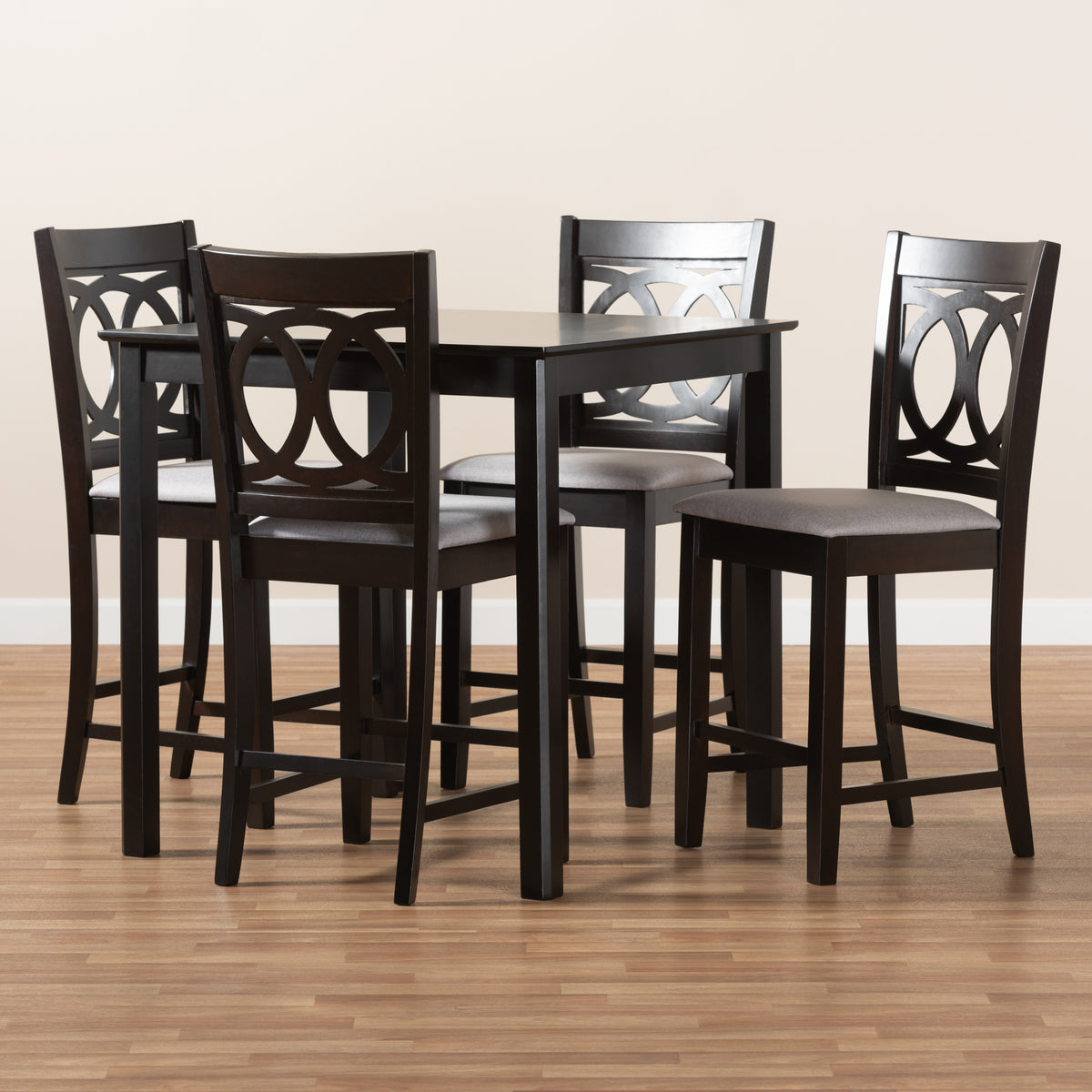 Lenoir Modern and Contemporary Grey Fabric Upholstered Espresso Brown Finished 5-Piece Wood Pub Set