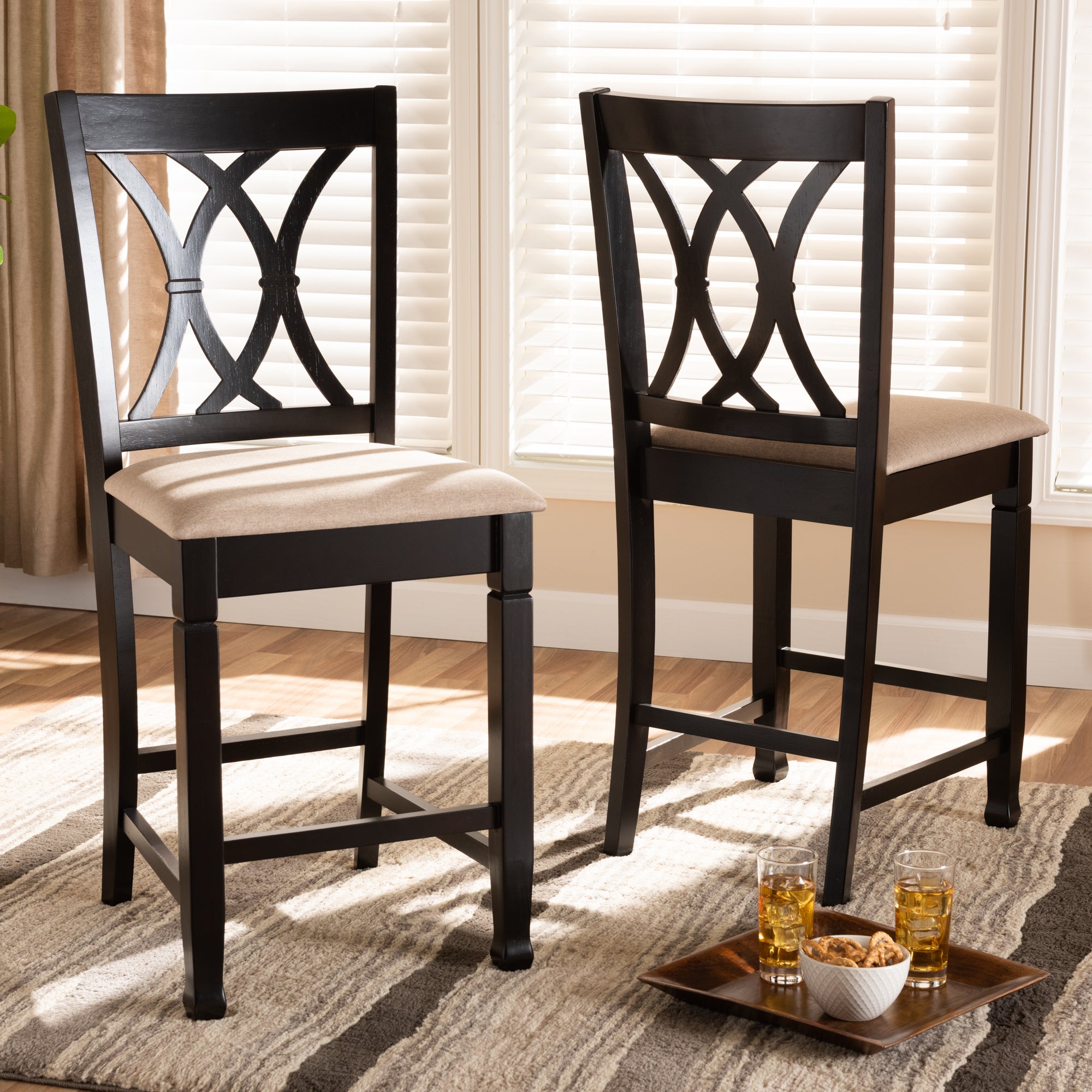 Reneau Modern and Contemporary Sand Fabric Upholstered Espresso Brown Finished Wood Counter Height Pub Chair Set of 2