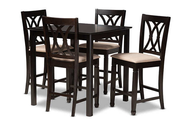 Reneau Modern and Contemporary Sand Fabric Upholstered Espresso Brown Finished 5-Piece Wood Pub Set