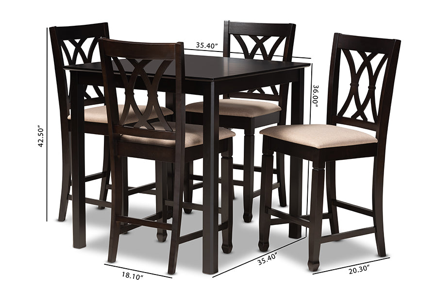 Reneau Modern and Contemporary Sand Fabric Upholstered Espresso Brown Finished 5-Piece Wood Pub Set