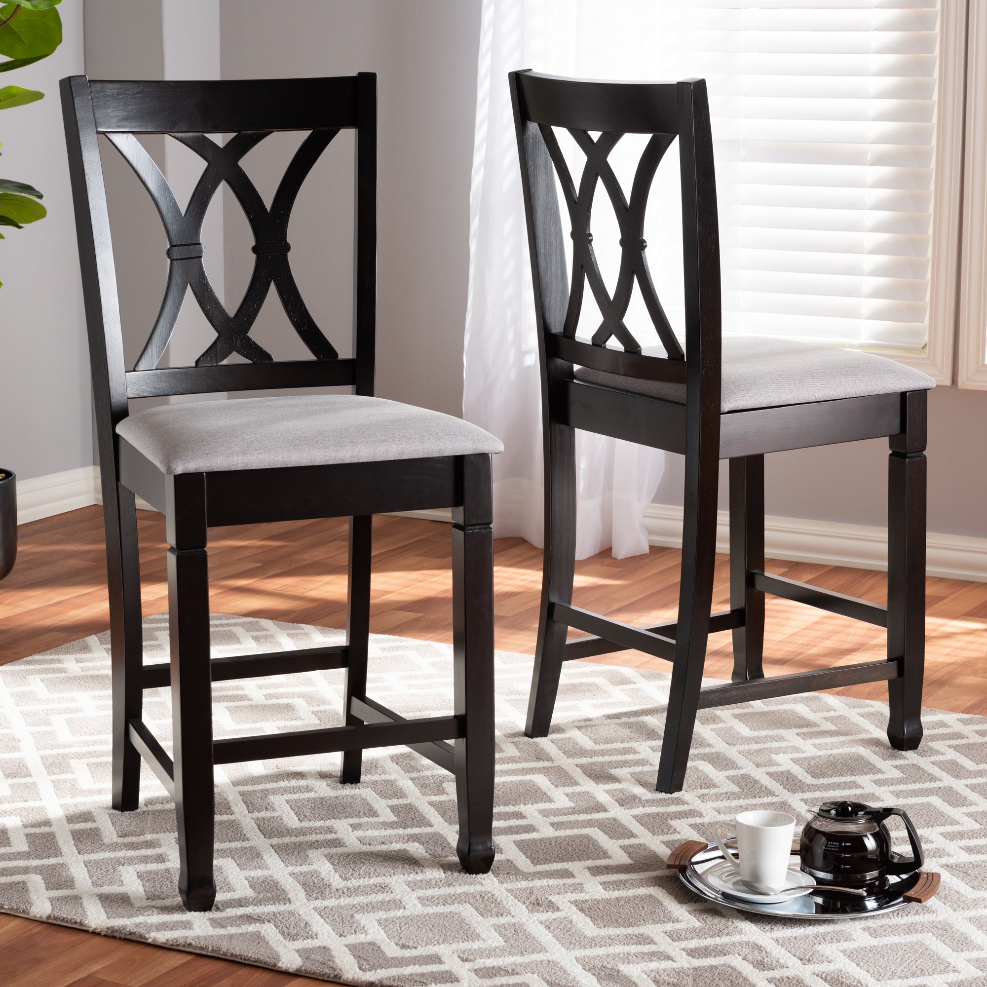 Reneau Modern and Contemporary Grey Fabric Upholstered Espresso Brown Finished Wood Counter Height Pub Chair Set of 2
