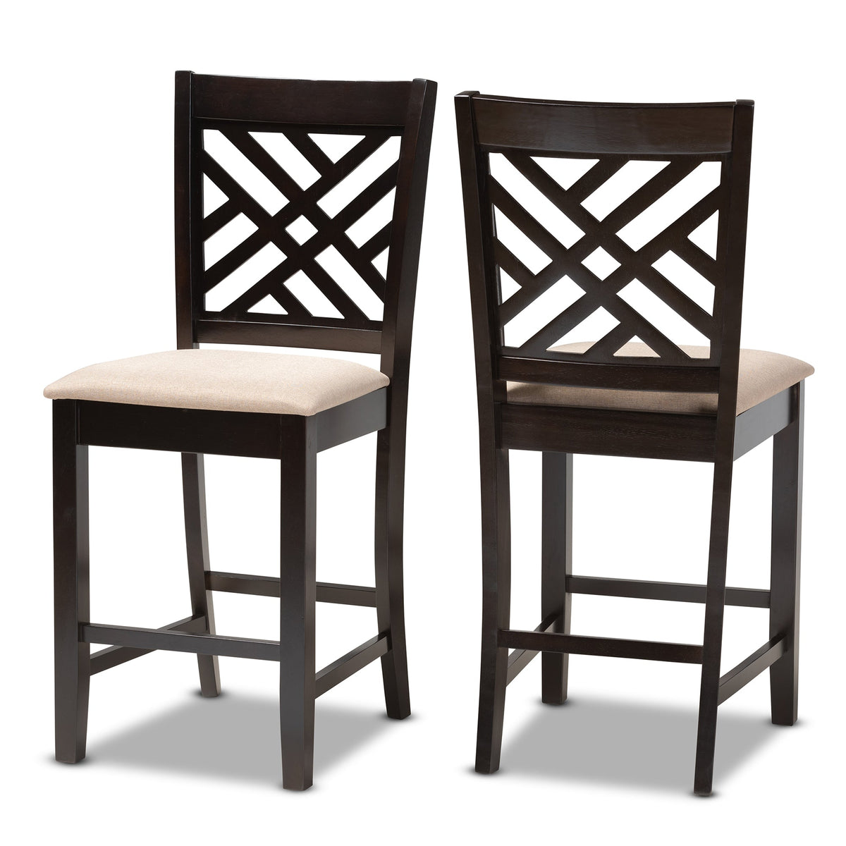 Caron Modern and Contemporary Sand Fabric Upholstered Espresso Brown Finished Wood Counter Height 2-Piece Pub Chair Set