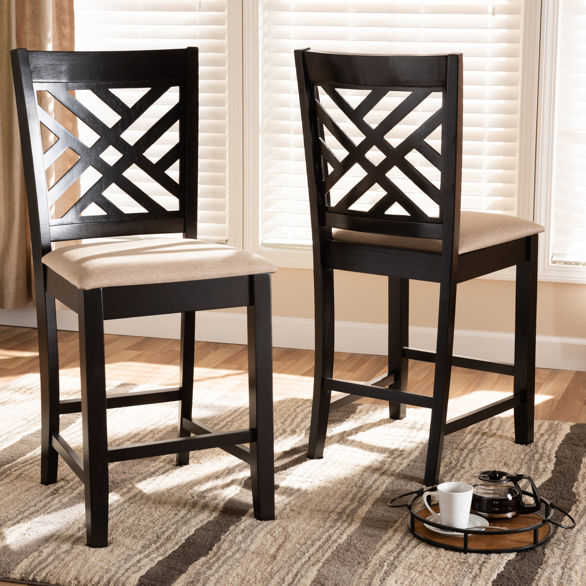 Caron Modern and Contemporary Sand Fabric Upholstered Espresso Brown Finished Wood Counter Height 2-Piece Pub Chair Set