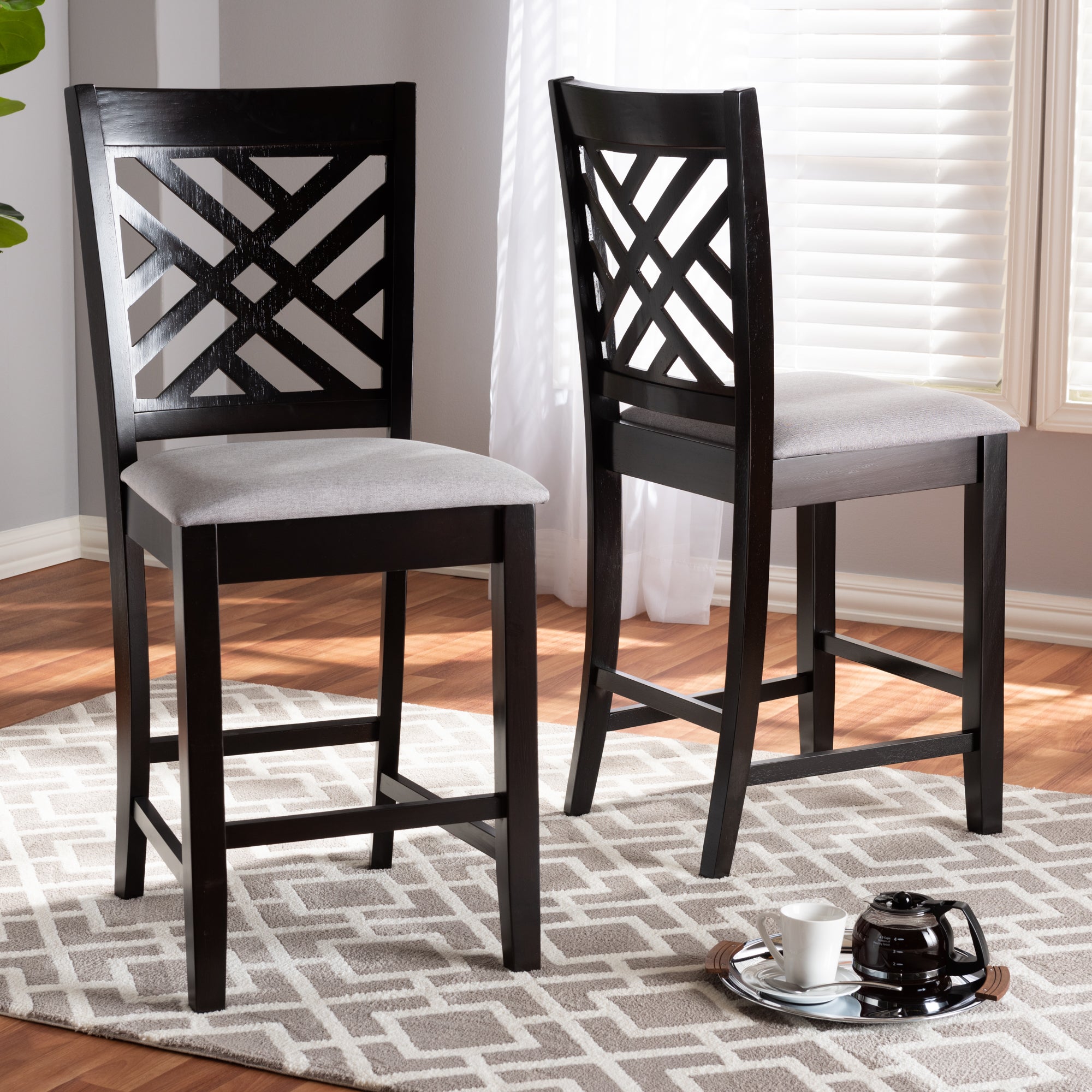 Caron Modern and Contemporary Grey Fabric Upholstered Espresso Brown Finished Wood Counter Height Pub Chair Set of 2