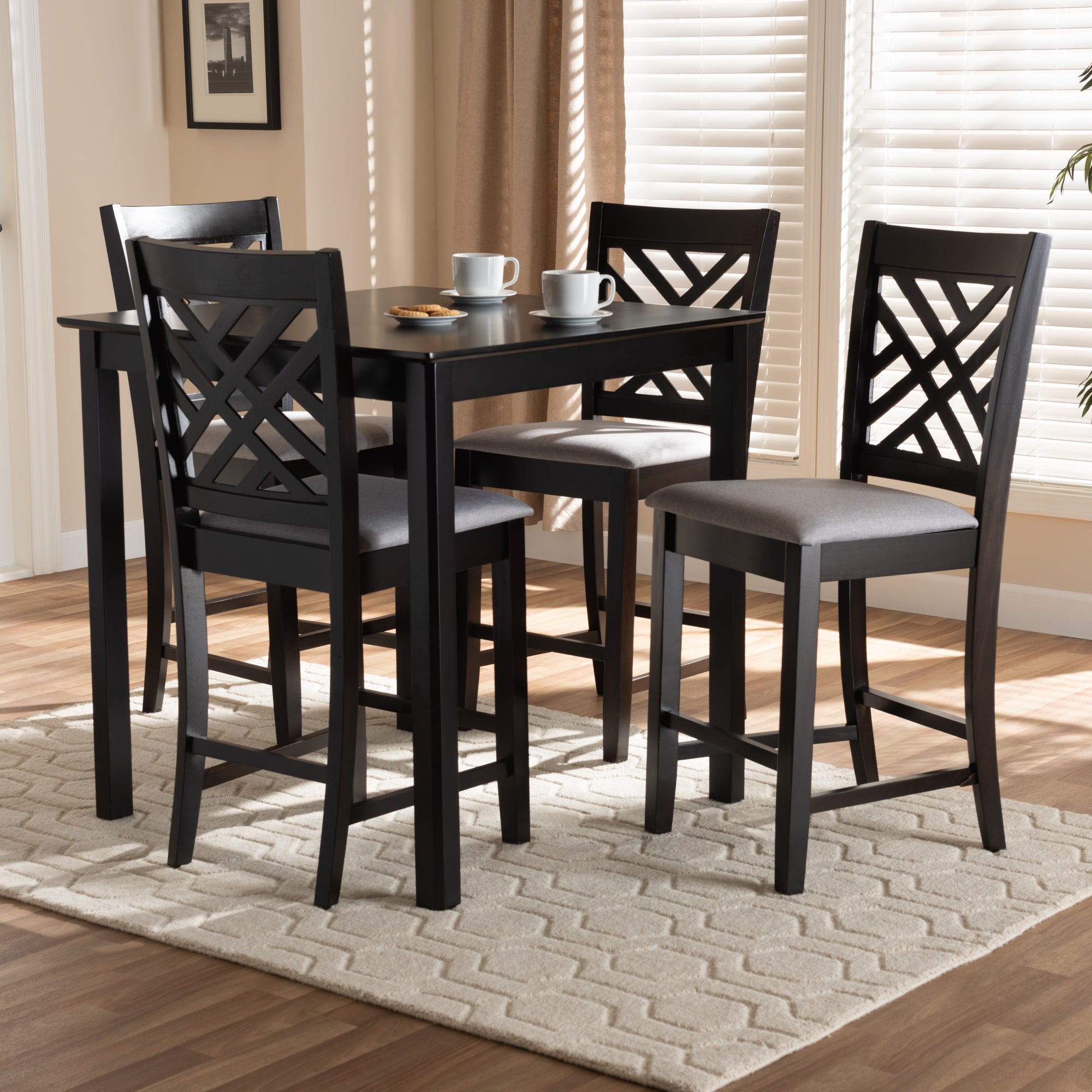 Caron Modern and Contemporary Grey Fabric Upholstered Espresso Brown Finished 5-Piece Wood Pub Set