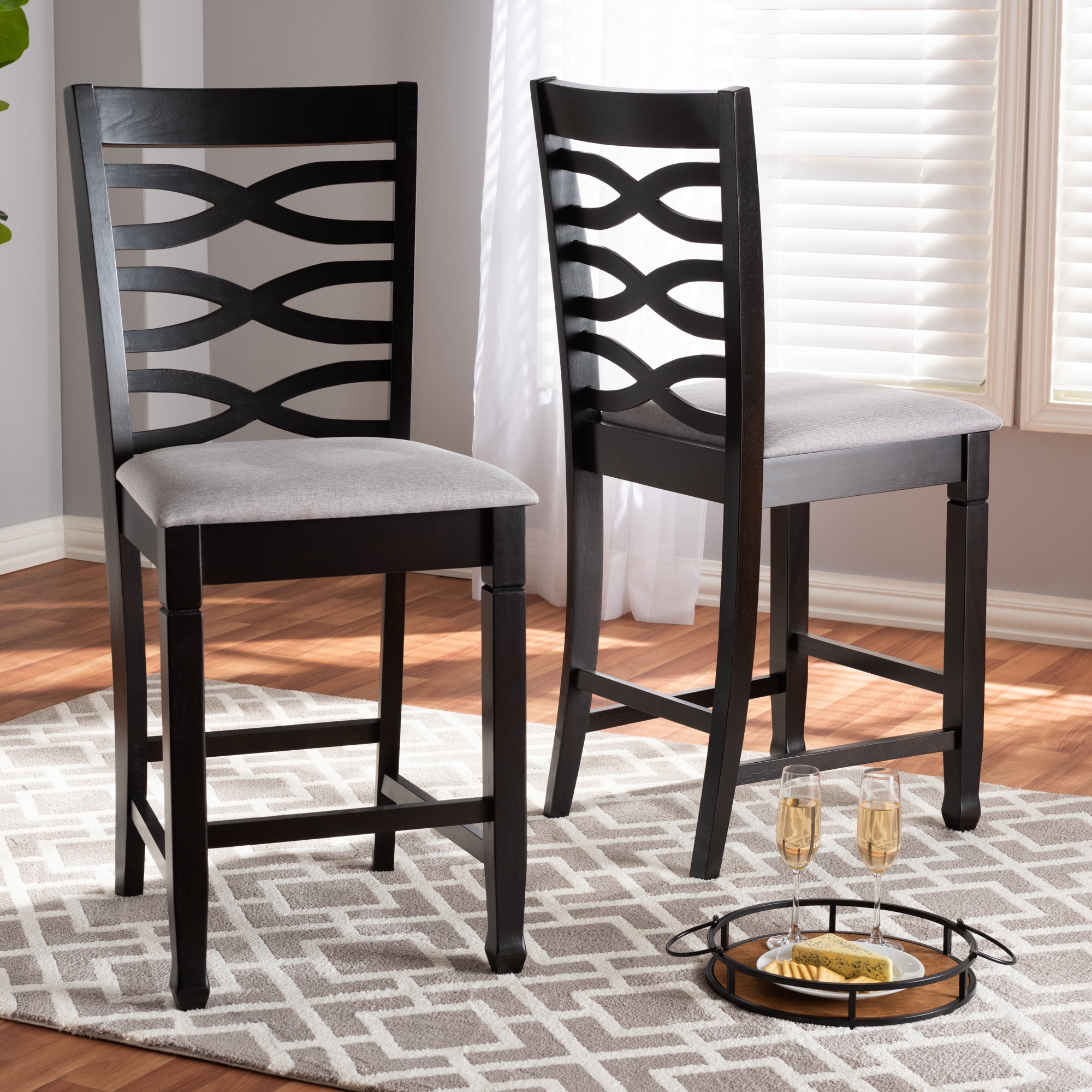 Lanier Modern and Contemporary Grey Fabric Upholstered Espresso Brown Finished Wood Counter Height Pub Chair Set of 2