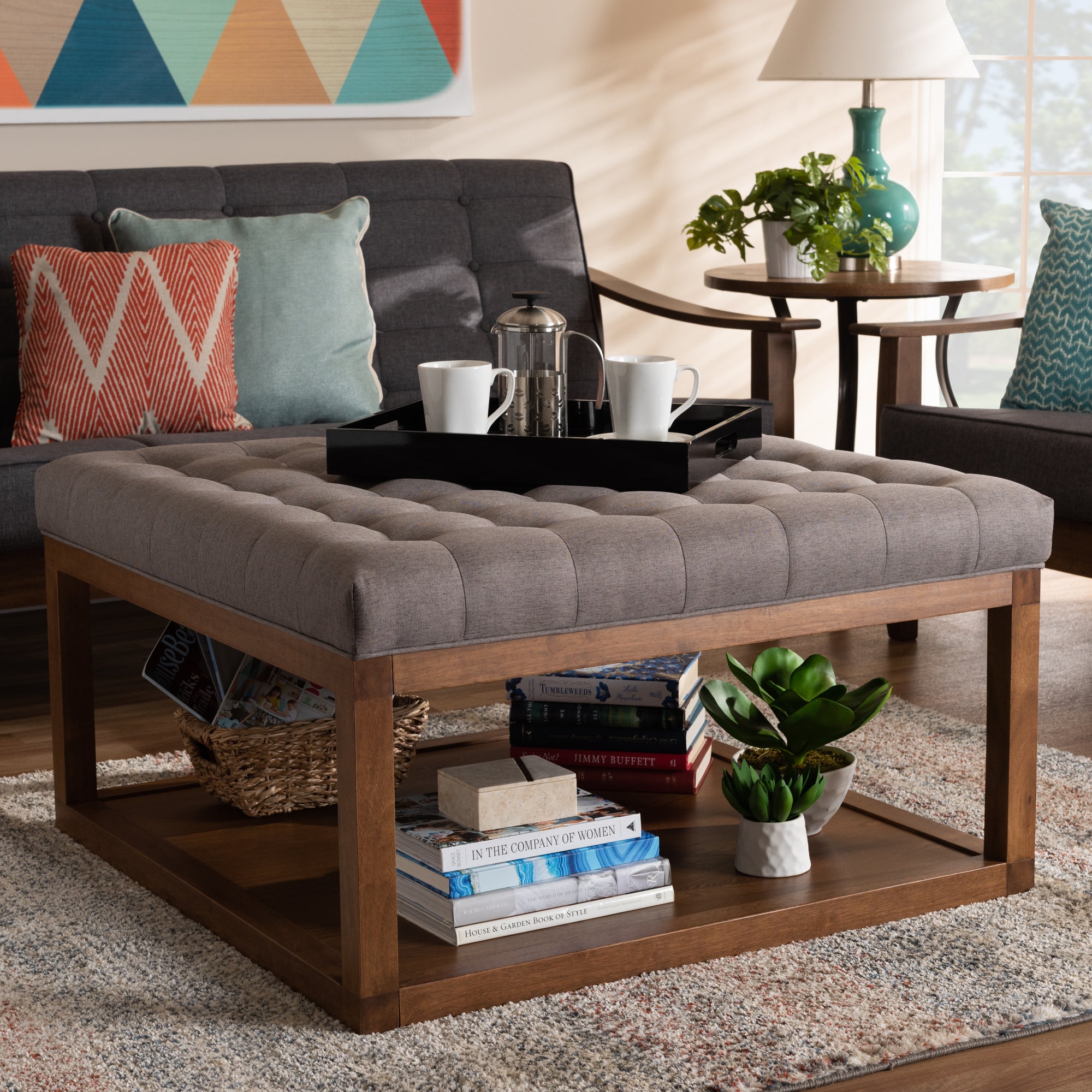 Alvere Modern and Contemporary Grey Fabric Upholstered Walnut Finished Cocktail Ottoman