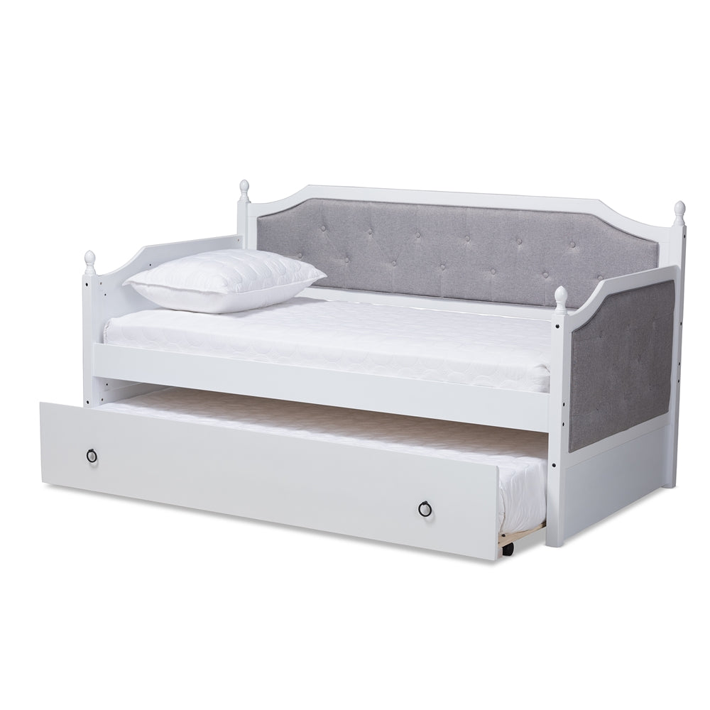 Mara Grey Fabric And White Finished Wood Twin Size Daybed With Trundle