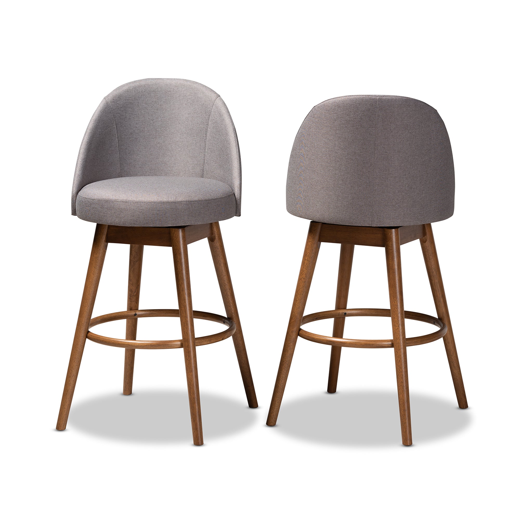 Baxton Studio Carra Mid-Century Modern Grey Fabric Upholstered Walnut-Finished Wood Swivel Bar Stool Set of 2