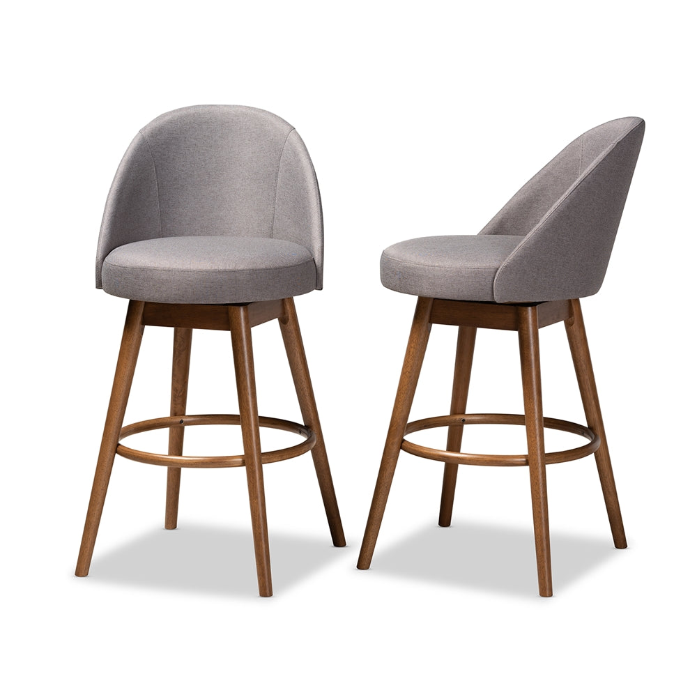 Carra Mid-Century Modern Grey Fabric Upholstered Walnut-Finished Wood Swivel Bar Stool Set of 2