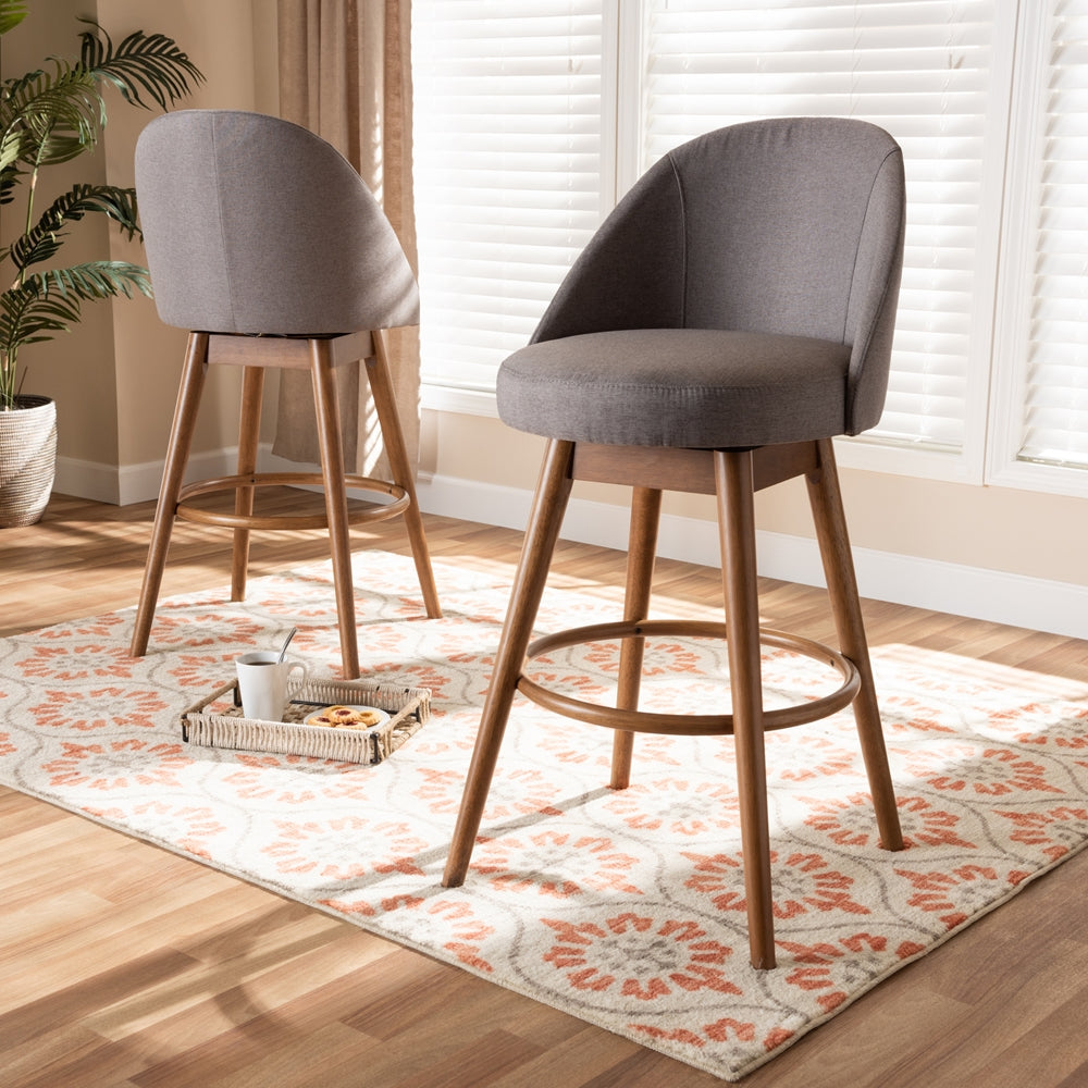 Carra Mid-Century Modern Grey Fabric Upholstered Walnut-Finished Wood Swivel Bar Stool Set of 2