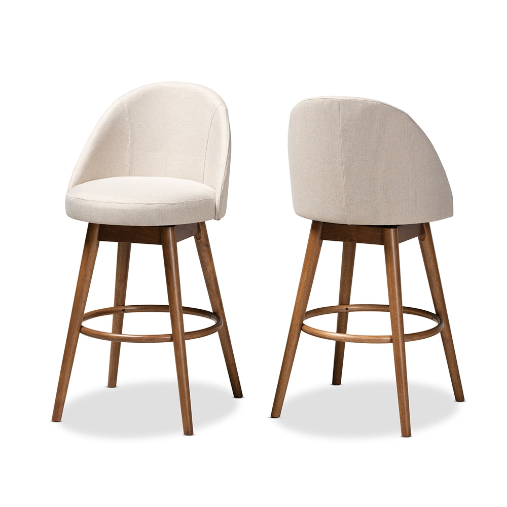 Carra Mid-Century Modern Light Beige Fabric Upholstered Walnut-Finished Wood 2-Piece Swivel Bar Stool Set