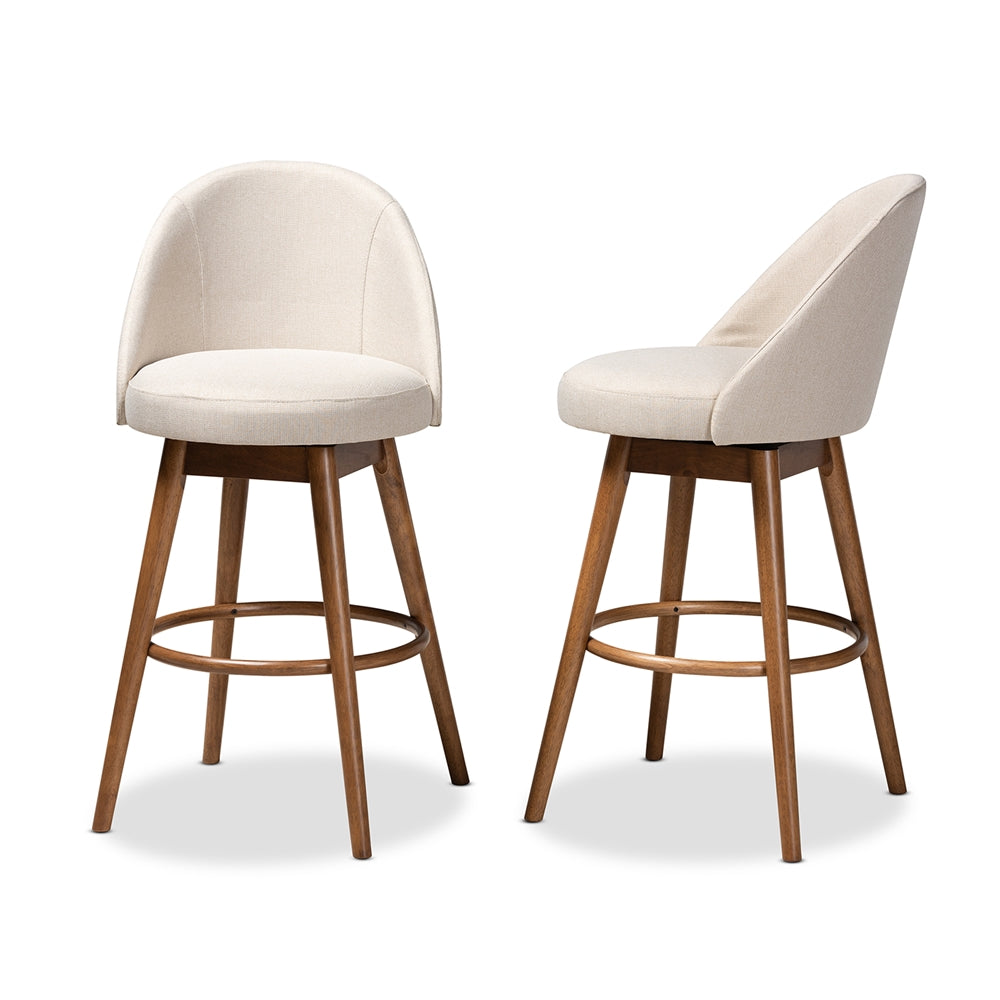 Carra Mid-Century Modern Light Beige Fabric Upholstered Walnut-Finished Wood 2-Piece Swivel Bar Stool Set