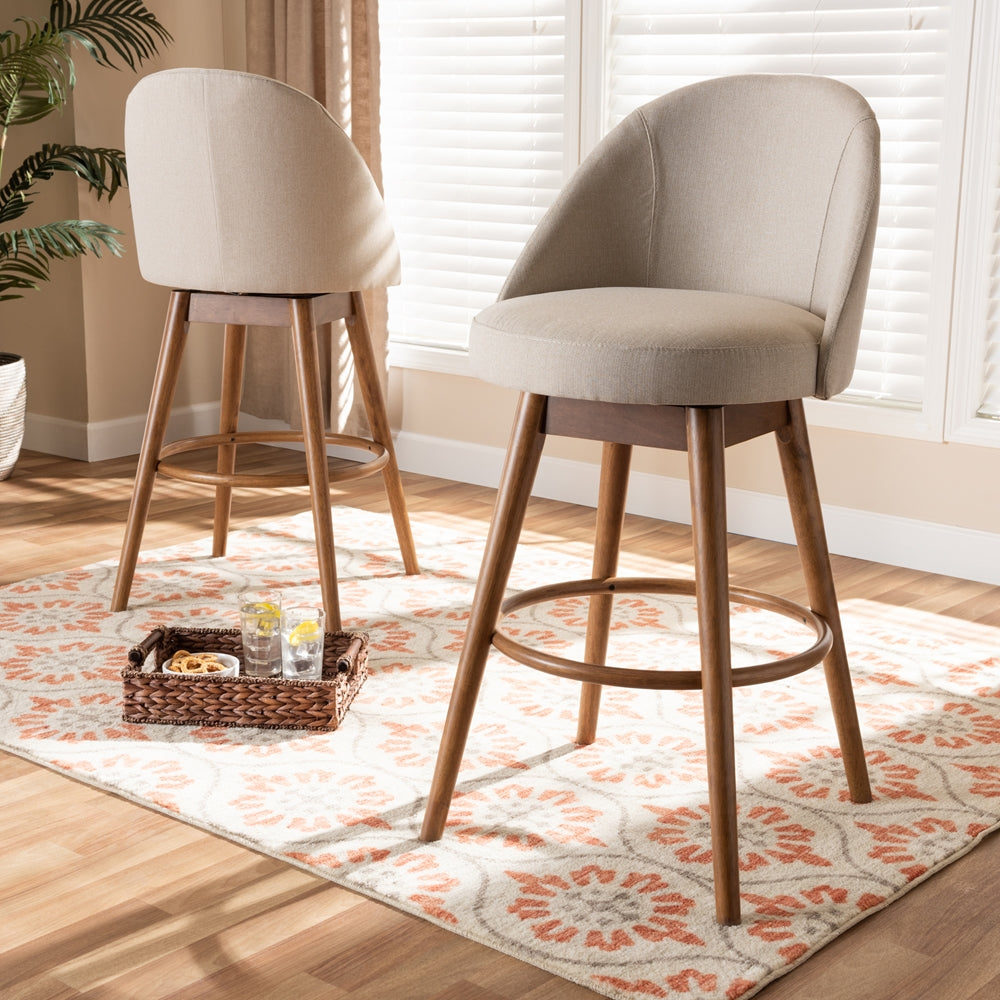 Carra Mid-Century Modern Light Beige Fabric Upholstered Walnut-Finished Wood 2-Piece Swivel Bar Stool Set