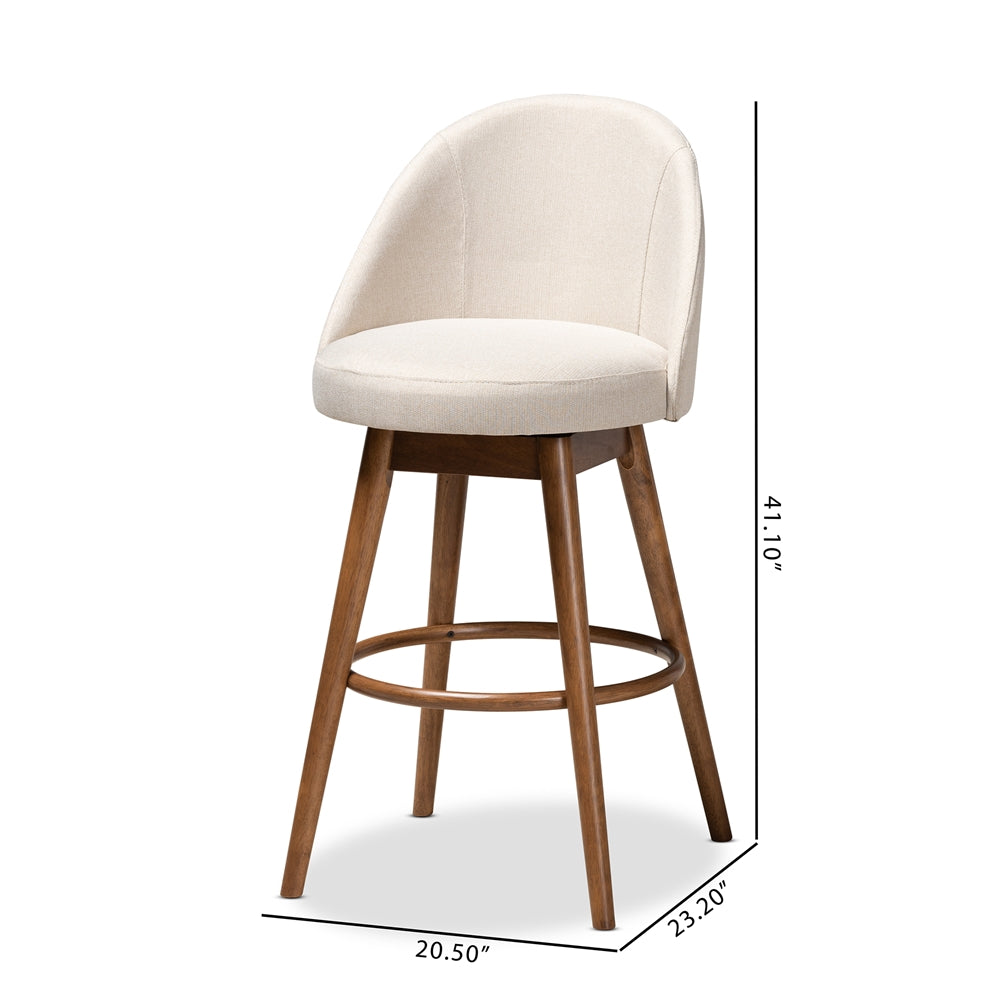 Carra Mid-Century Modern Light Beige Fabric Upholstered Walnut-Finished Wood 2-Piece Swivel Bar Stool Set