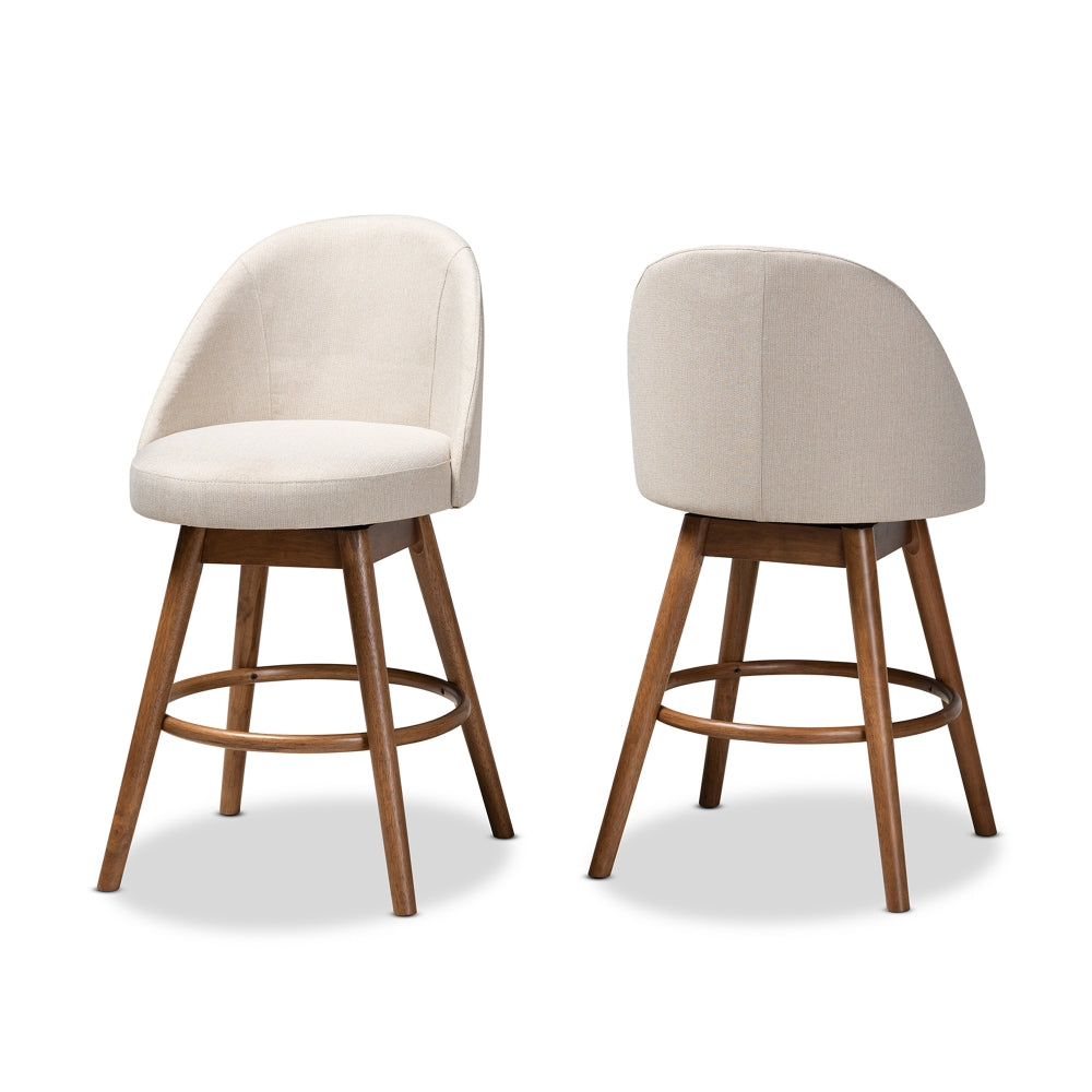 Carra Mid-Century Modern Light Beige Fabric Upholstered Walnut-Finished Wood Swivel Counter Stool Set of 2