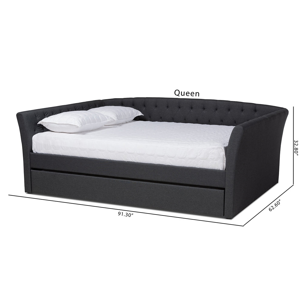 Delora Modern And Contemporary Dark Grey Fabric Upholstered Queen Size Daybed With Roll-Out Trundle Bed