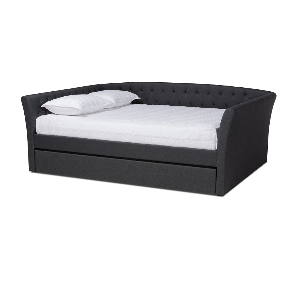 Delora Modern And Contemporary Dark Grey Fabric Upholstered Queen Size Daybed With Roll-Out Trundle Bed