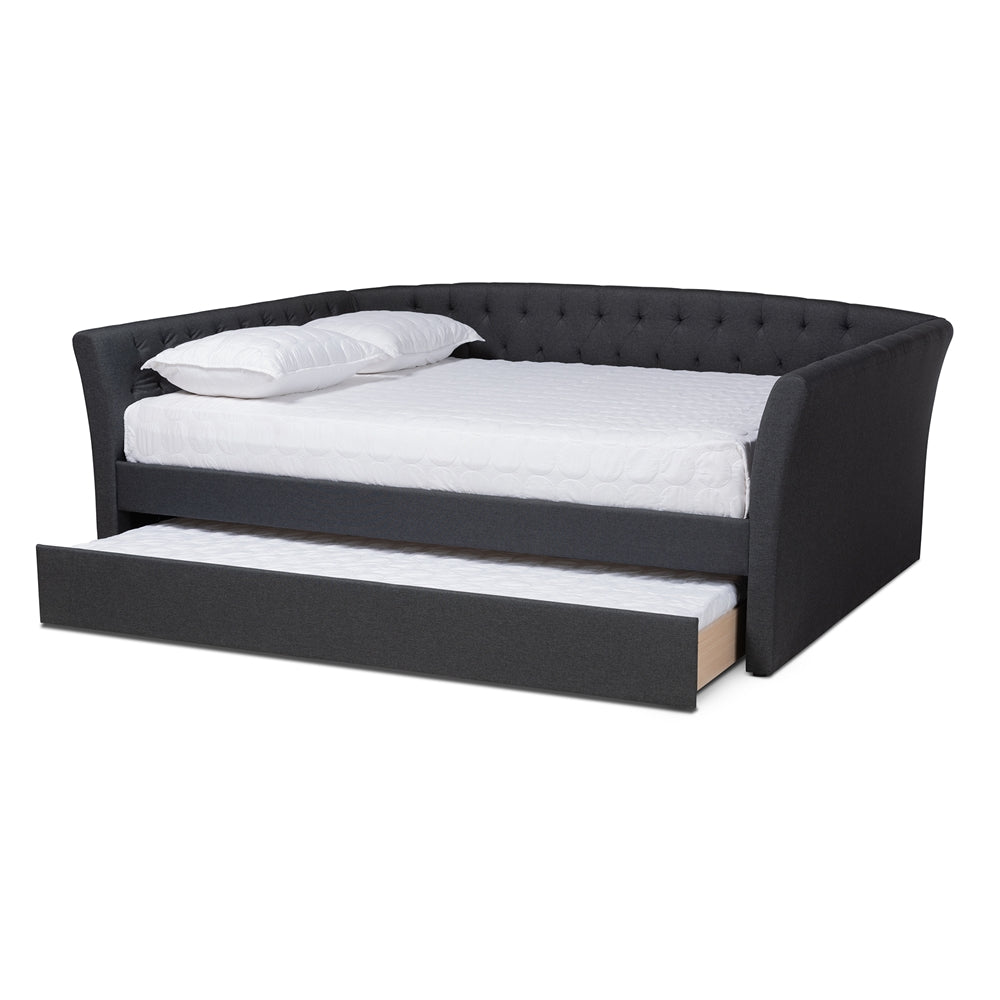 Delora Modern And Contemporary Dark Grey Fabric Upholstered Queen Size Daybed With Roll-Out Trundle Bed