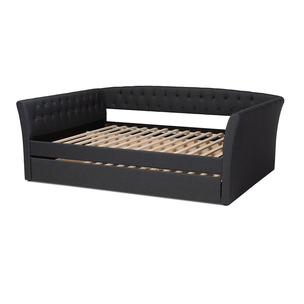 Delora Modern and Contemporary Dark Grey Fabric Upholstered Full Size Daybed with Roll-Out Trundle Bed