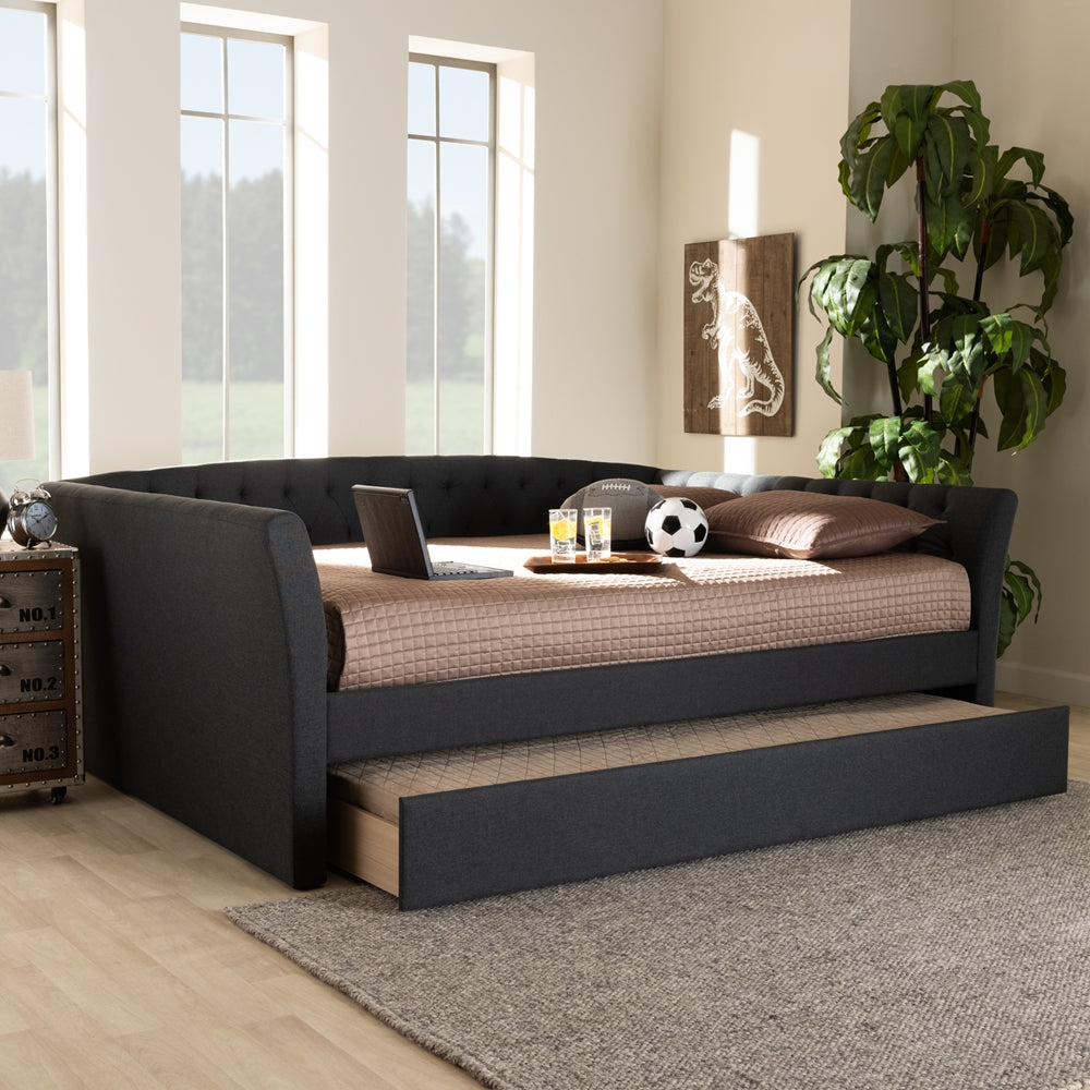 Delora Modern And Contemporary Dark Grey Fabric Upholstered Queen Size Daybed With Roll-Out Trundle Bed