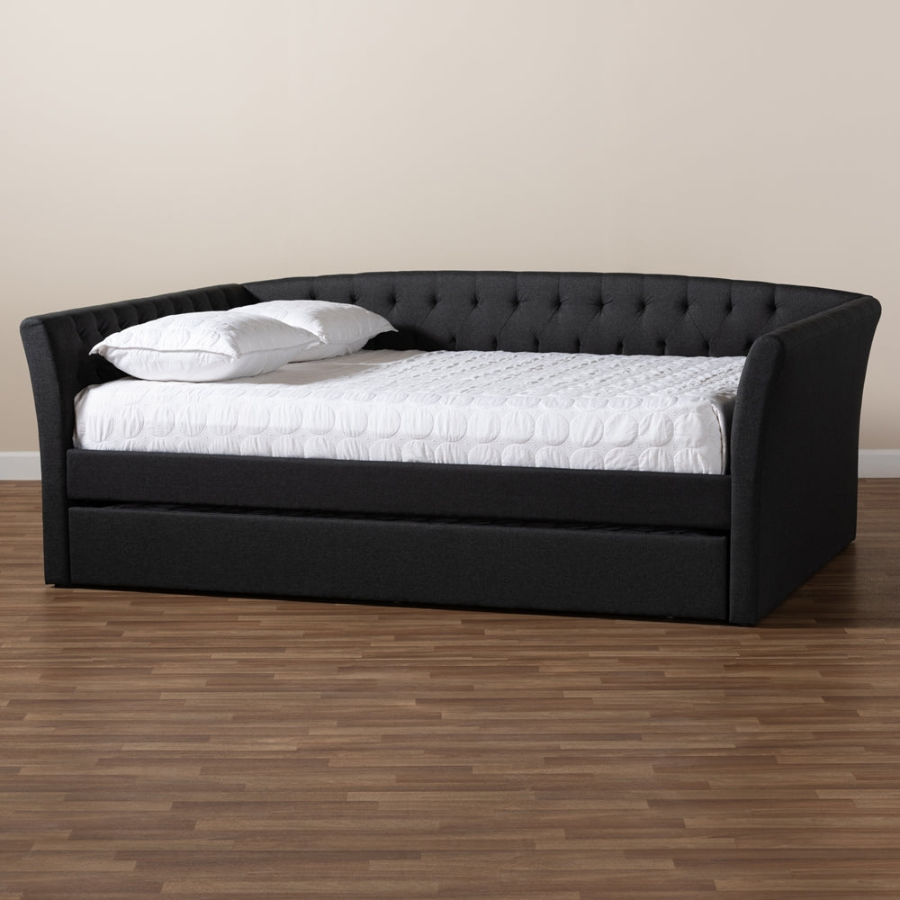 Delora Modern And Contemporary Dark Grey Fabric Upholstered Queen Size Daybed With Roll-Out Trundle Bed