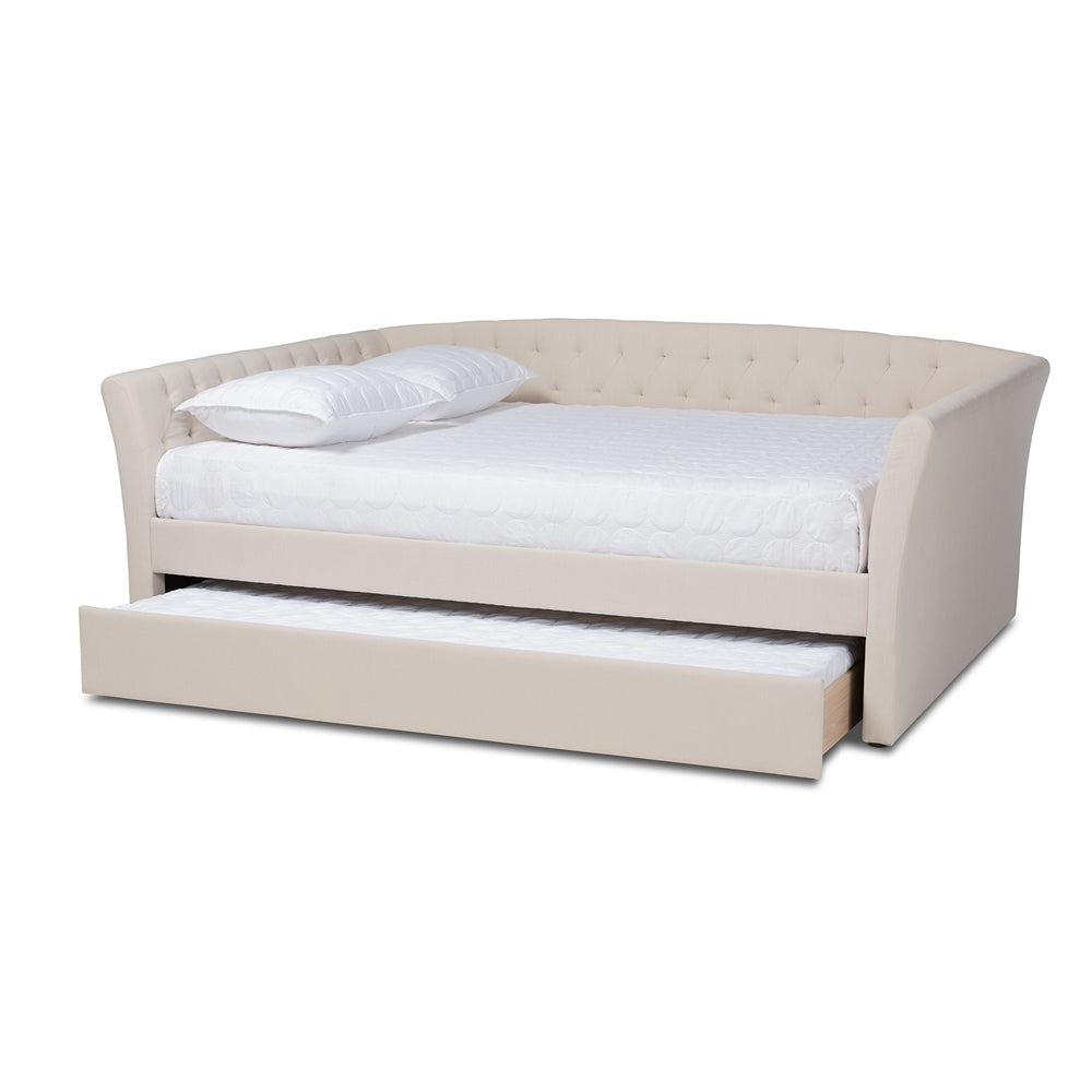 Delora Beige Fabric Upholstered Full Size Daybed with Roll-Out Trundle Bed