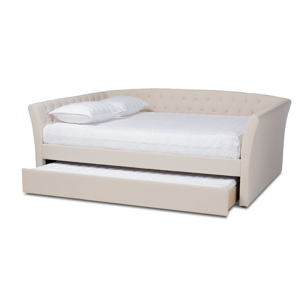 Delora Beige Fabric Upholstered Full Size Daybed with Roll-Out Trundle Bed