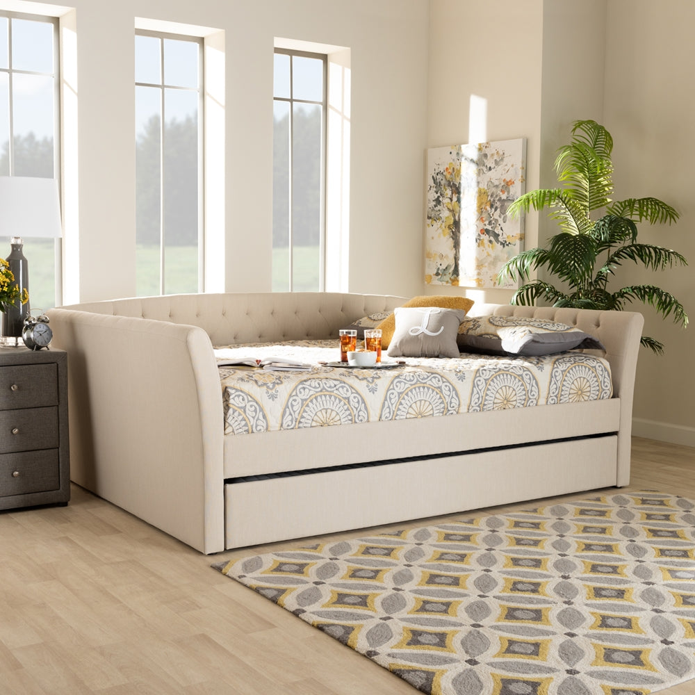 Delora Beige Fabric Upholstered Full Size Daybed with Roll-Out Trundle Bed