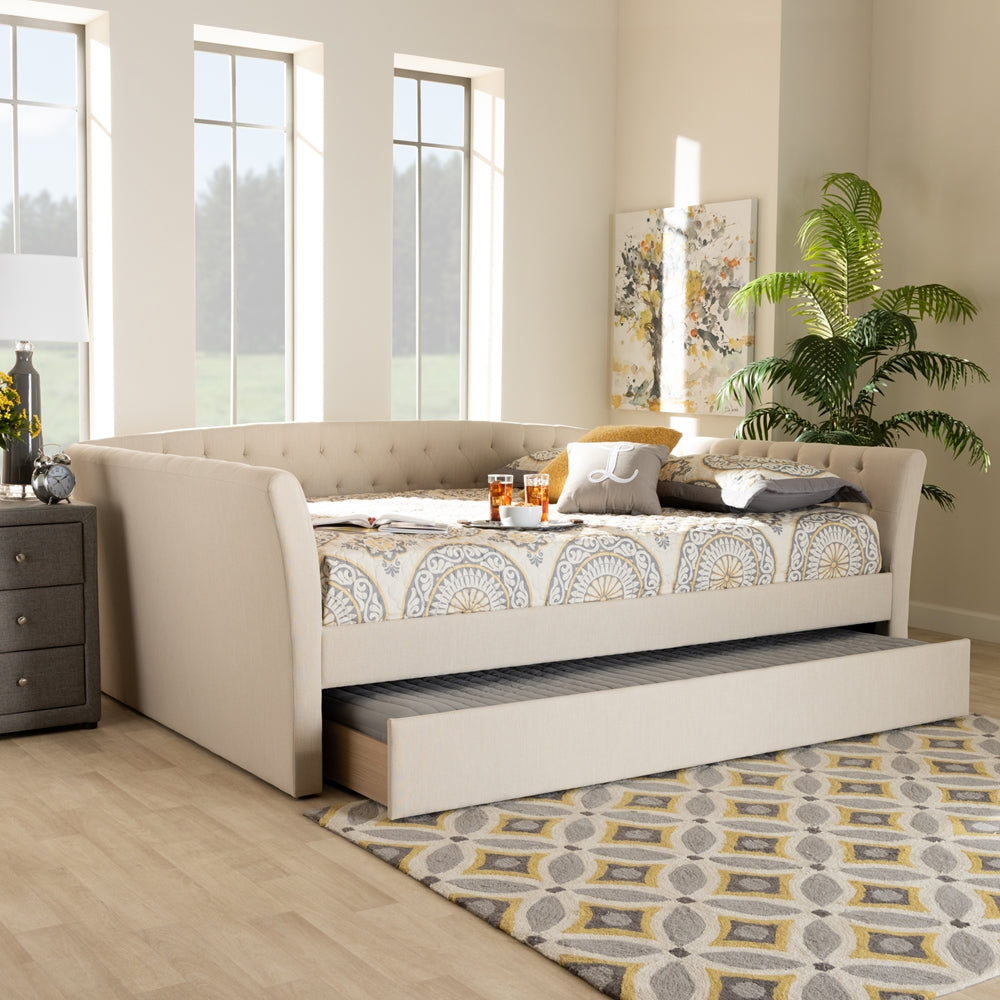 Delora Beige Fabric Upholstered Full Size Daybed with Roll-Out Trundle Bed