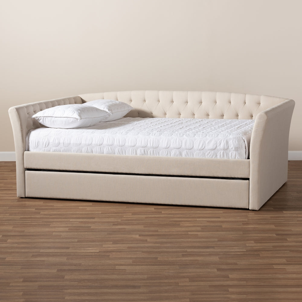 Delora Beige Fabric Upholstered Full Size Daybed with Roll-Out Trundle Bed