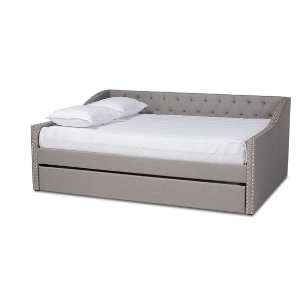 Haylie Modern and Contemporary Light Grey Fabric Upholstered Queen Size Daybed with Roll-Out Trundle Bed