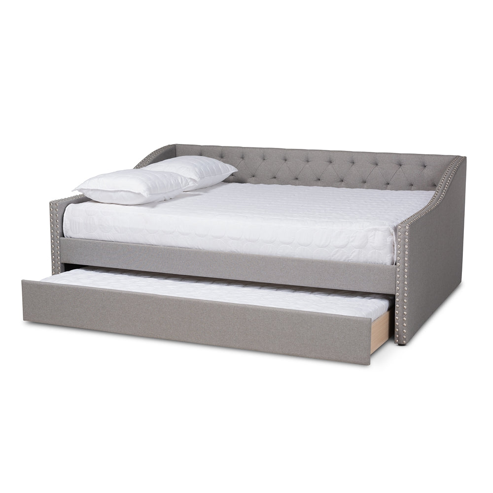 Haylie Beige Fabric Upholstered Queen Size Daybed with Roll-Out Trundle Bed