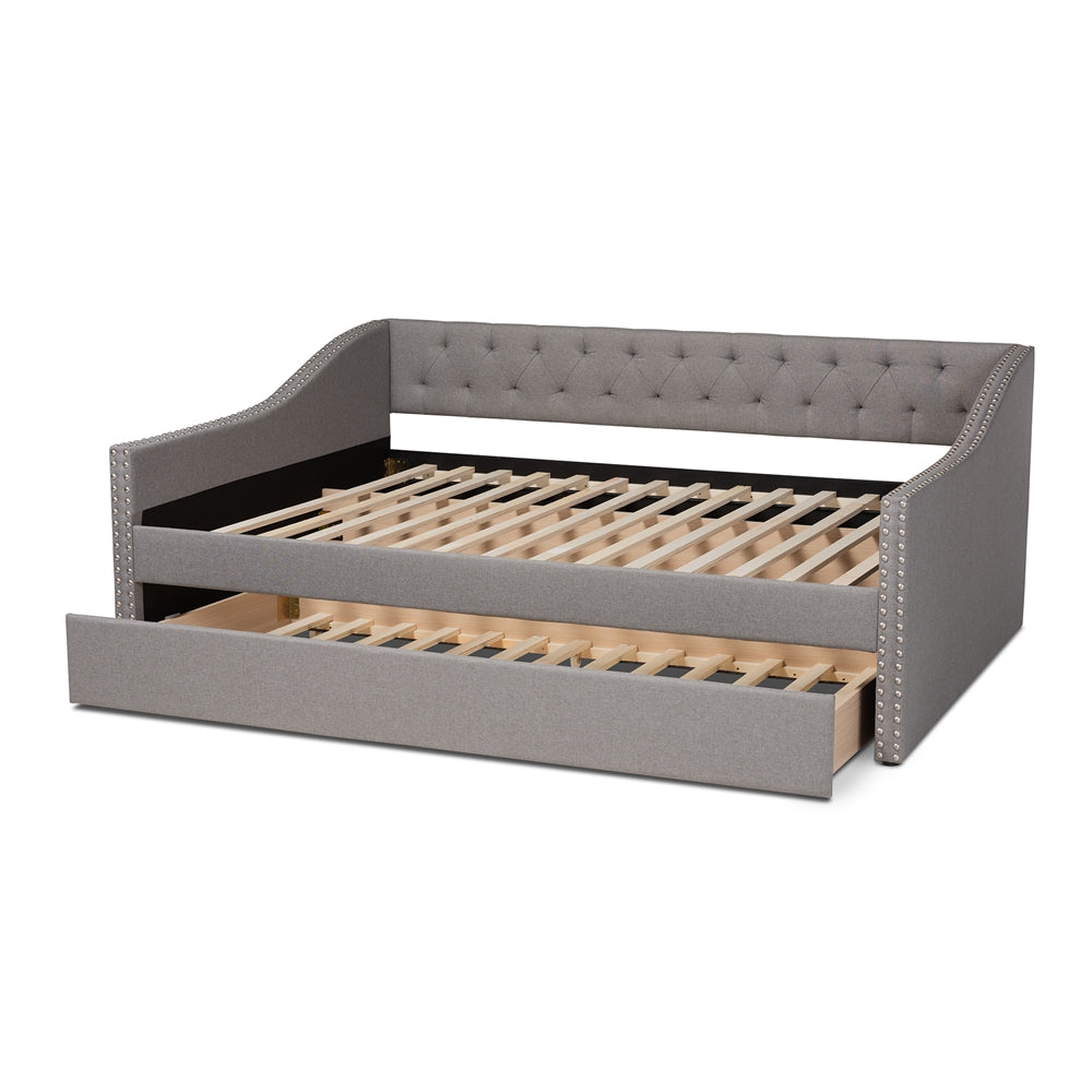 Haylie Modern and Contemporary Light Grey Fabric Upholstered Queen Size Daybed with Roll-Out Trundle Bed