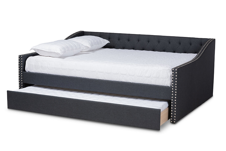 Haylie Modern and Contemporary Dark Grey Fabric Upholstered Queen Size Daybed with Roll-Out Trundle Bed