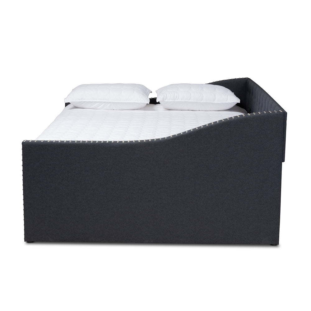 Haylie Modern and Contemporary Dark Grey Fabric Upholstered Queen Size Daybed with Roll-Out Trundle Bed